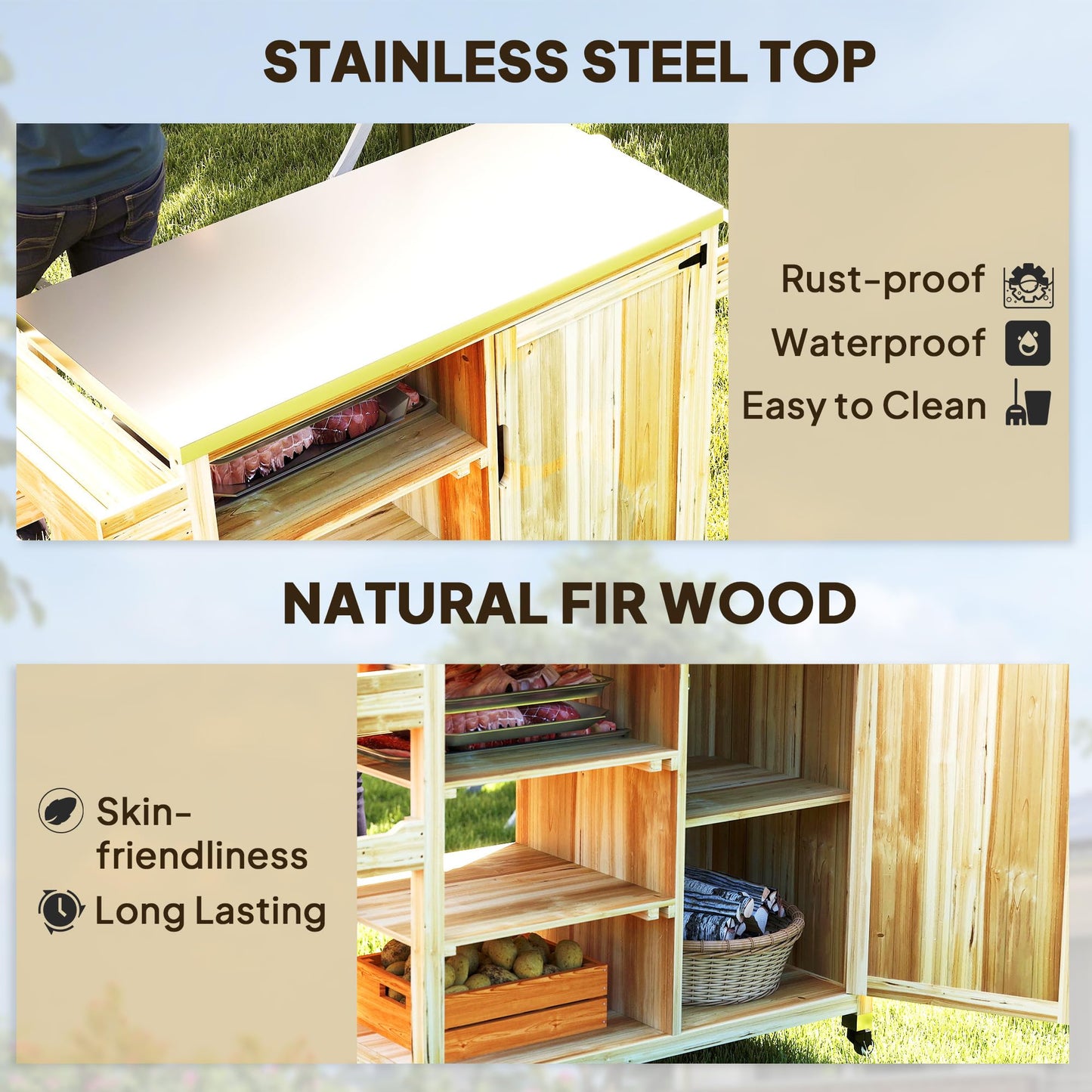 Outsunny Outdoor Grill Cart with Wheels and Storage Cabinet, Solid Wood Outdoor Kitchen Island with Stainless Steel Top, Movable Bar Cart for BBQ and Camping, Spice Rack and Towel Holder, Natural Wood