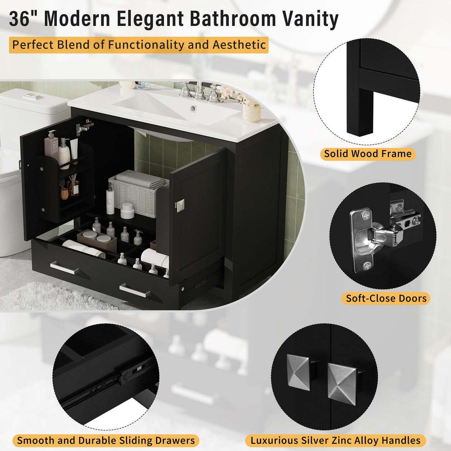 Merax 72 Inch Black Bathroom Vanity with Double Sinks, Modern Freestanding Cabinet with Soft Close Doors, Ample Storage (Divided Drawer, Shelves), Ceramic Sinks & Overflow (2 Separate Units), Black