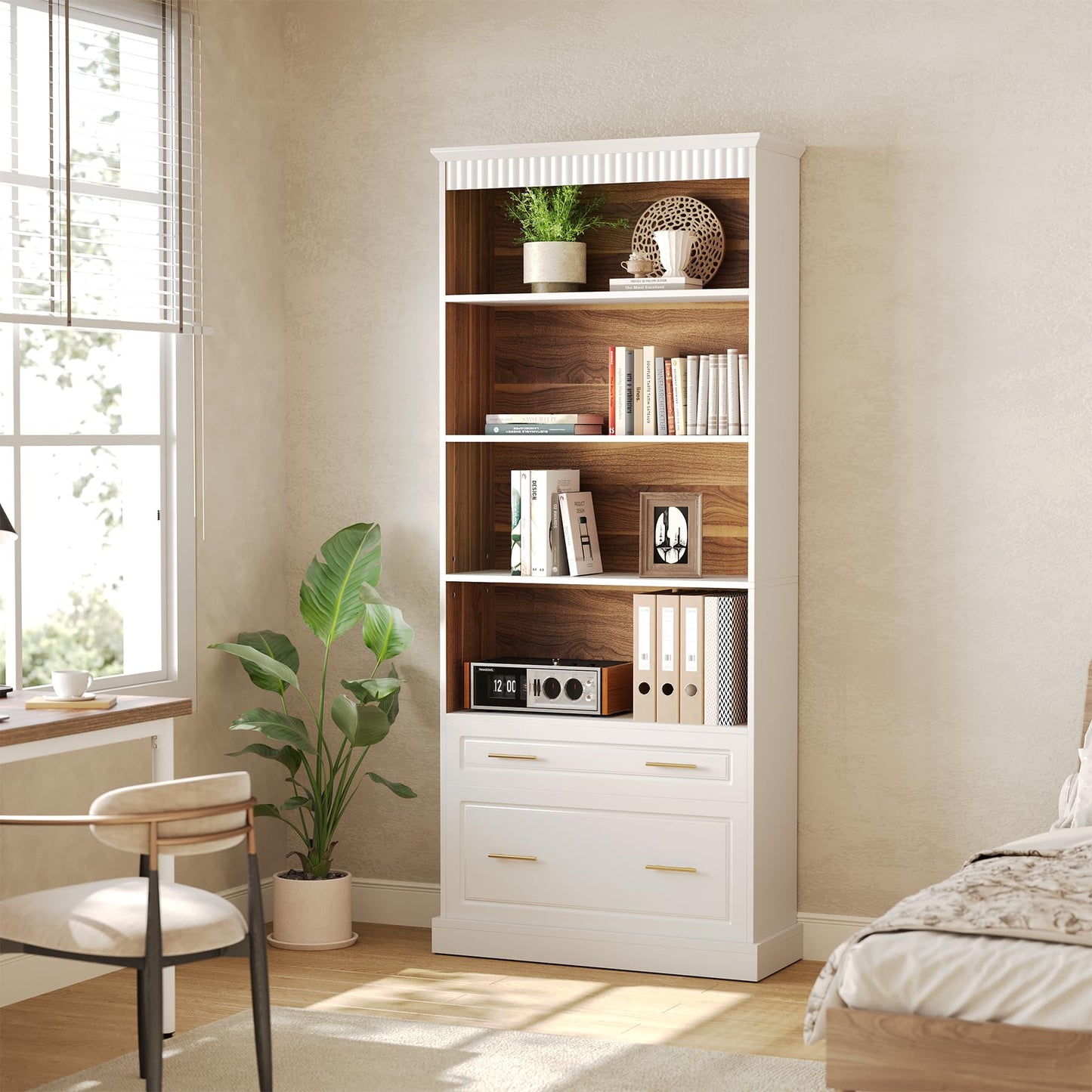 LITTLE TREE 72-Inch Tall White Bookcase, 5-Tier Wooden Open Display Bookshelf with 2 Drawers fits Letter, Legal, A4 Size, Modern Floor Standing Storage Organizer for Home Office & Living Room,Bedroom