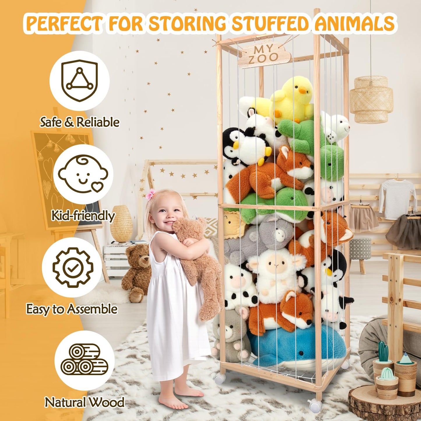 BETBEM Stuffed Animal Storage Zoo with Wheels, 64" Wooden Large Stuff Animals Plushies Holder Toy Organizer Kids Plush Storage Cage with Elastic Band and Net for Nursery Playroom Corner for Toddler