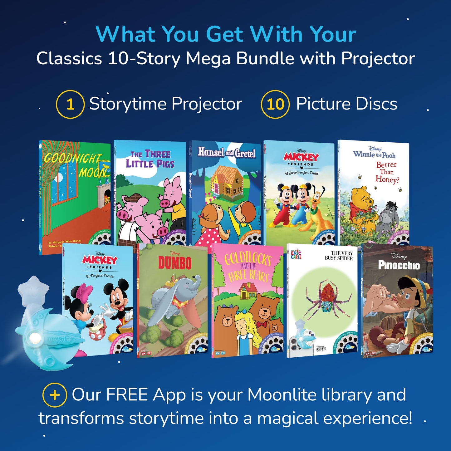 Moonlite Classics 10-Story Mega Bundle with the Moonlite Projector & 10 Single Stories Including World of Eric Carle, Disney, Fairy Tales & Children's Timeless Storybook Classics for Ages 1-6