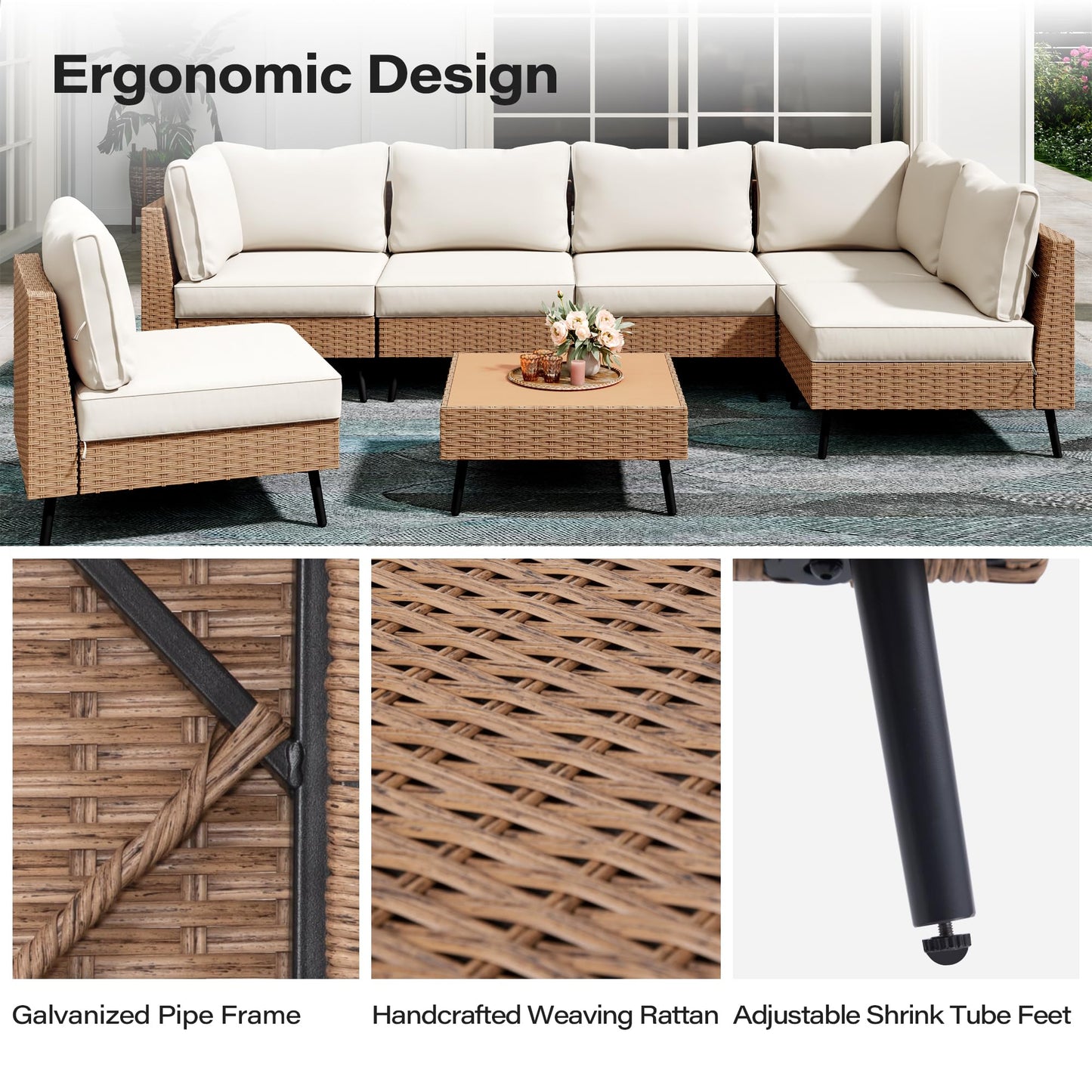 LAUSAINT HOME Outdoor Patio Furniture, 7 Piece Outdoor Sectional Sofa PE Rattan Wicker Patio Conversation Sets, All Weather Patio Furniture Set with Thick Cushions for Garden, Backyard(Beige)