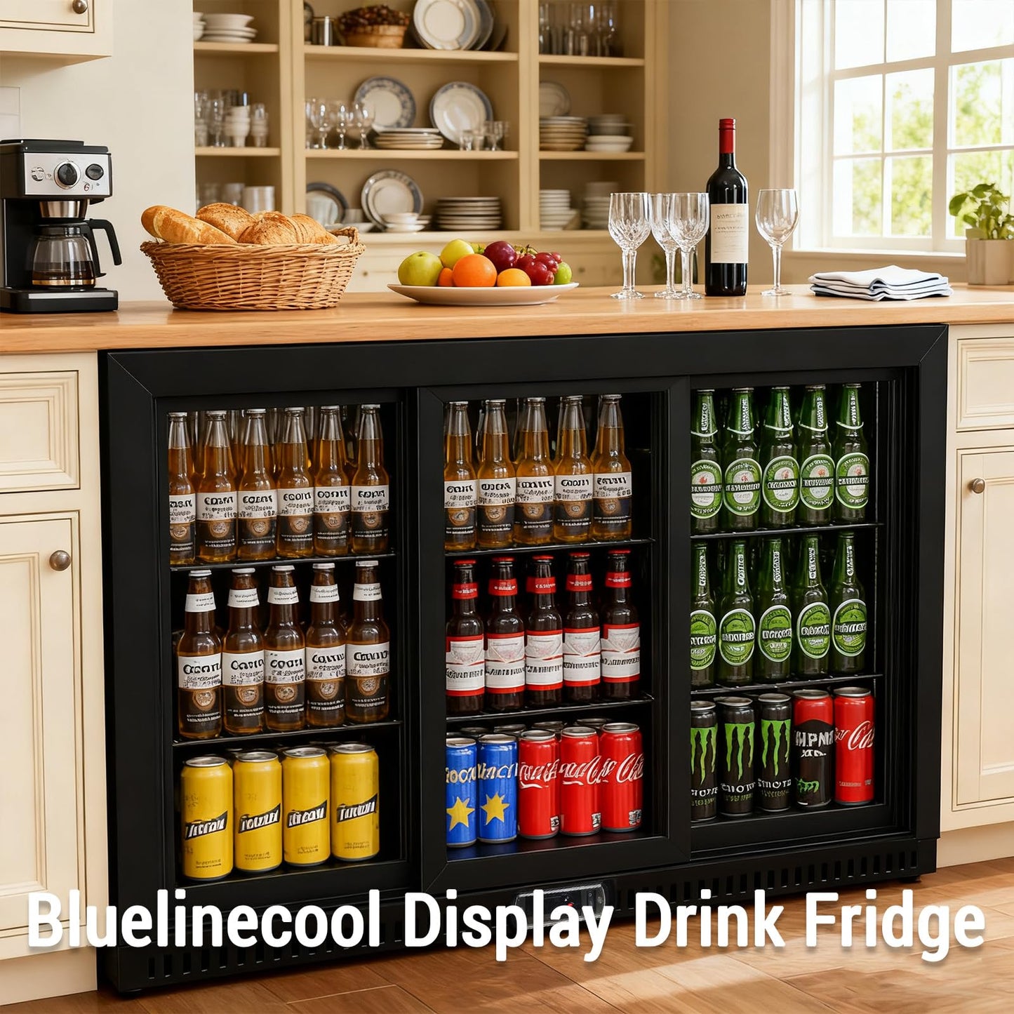 Bluelinecool Commercial Back Bar Cooler with 3 Glass Sliding Doors, 11.5 cu.ft Under Counter Beverage Refrigerator, LED Lighting - ETL Beer and Wine Cooler for Bar, Restaurant, Garage, Office, Home