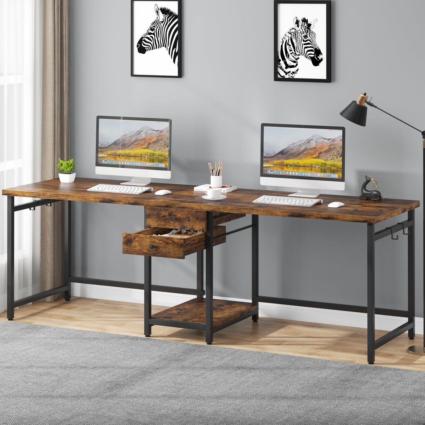 Tribesigns Two Person Desk, 79 Inch Double Desk with 2 Drawers, Large Computer Desk Long Desks with Storage Shelves, Writing Table Study Desk for Home Office, Rustic Brown (NY001)