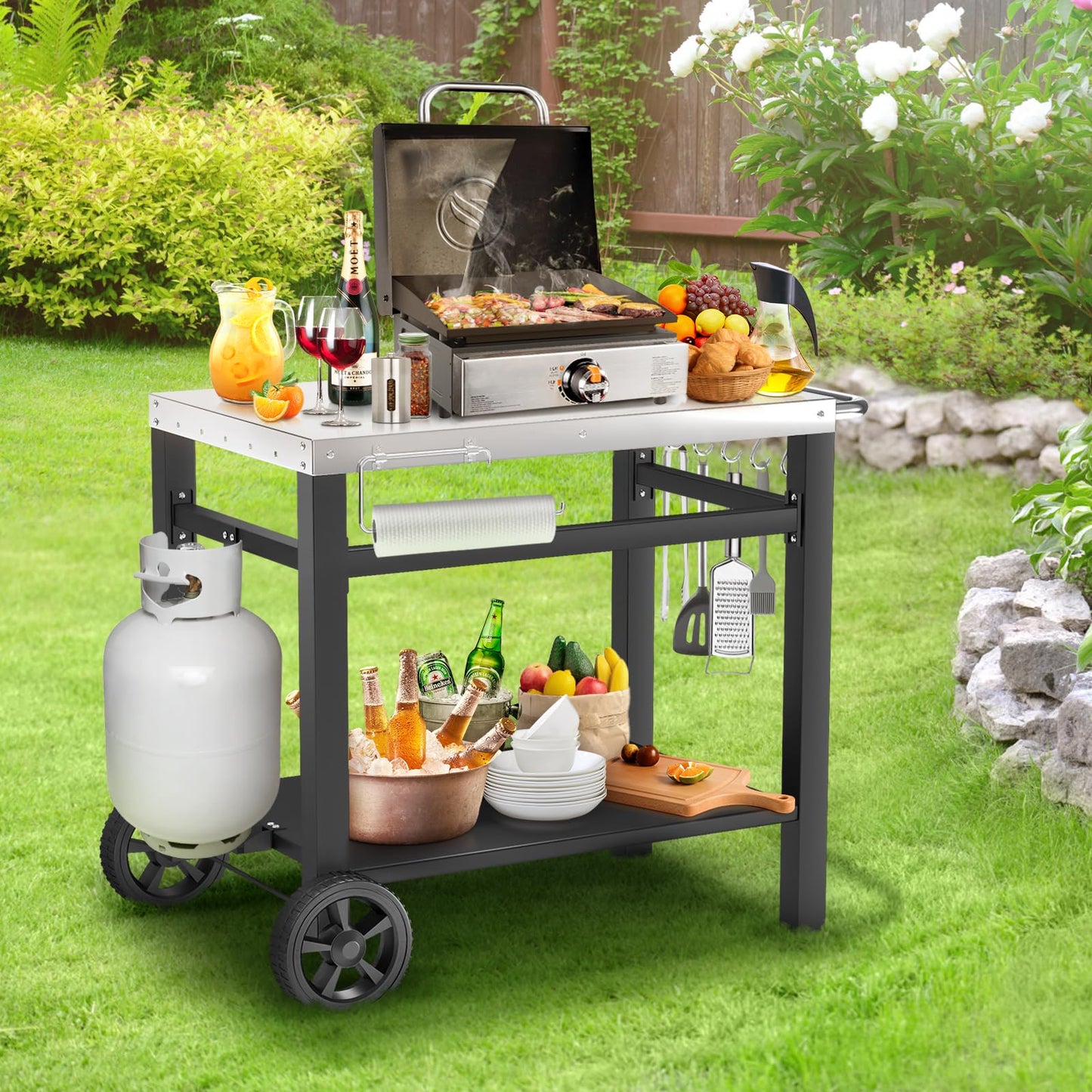 GRILL FORCE Grill Table, Movable Dining Cart, Pizza Oven Table Stand, Double-Shelf Grill Stand, Food Prep and Work Cart with Wheels, Hooks, Fits for Blackstone Ninja