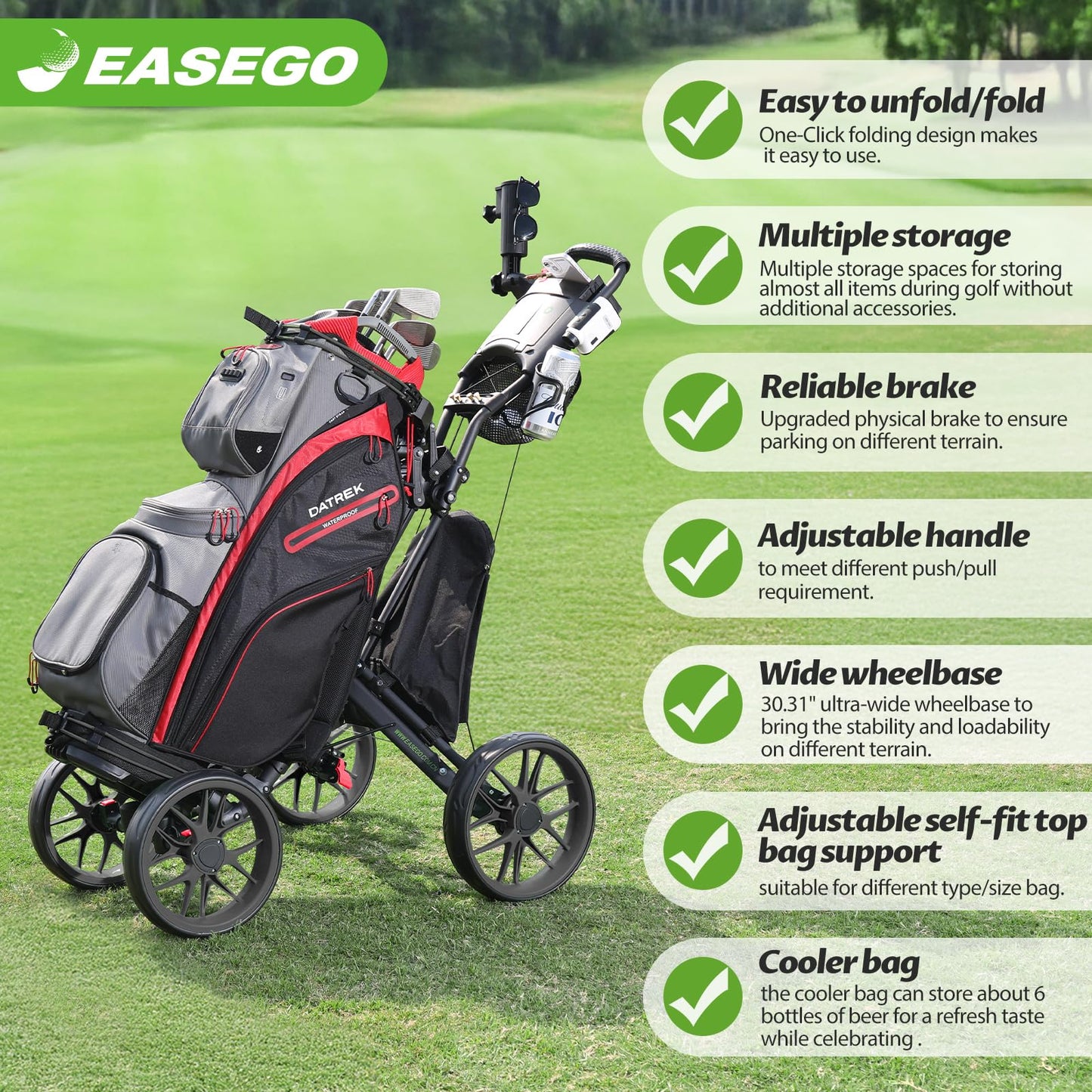 EASEGO Golf Push Cart 4 Wheel : Golf Walking Carts with Phone Holder/Cup Holder/Umbrella Holder/Foot Brake/Cooler Basket 4 Wheel Superlite Golf Pull Cart All-Terrain Golf Caddy Carts(Lime Green)