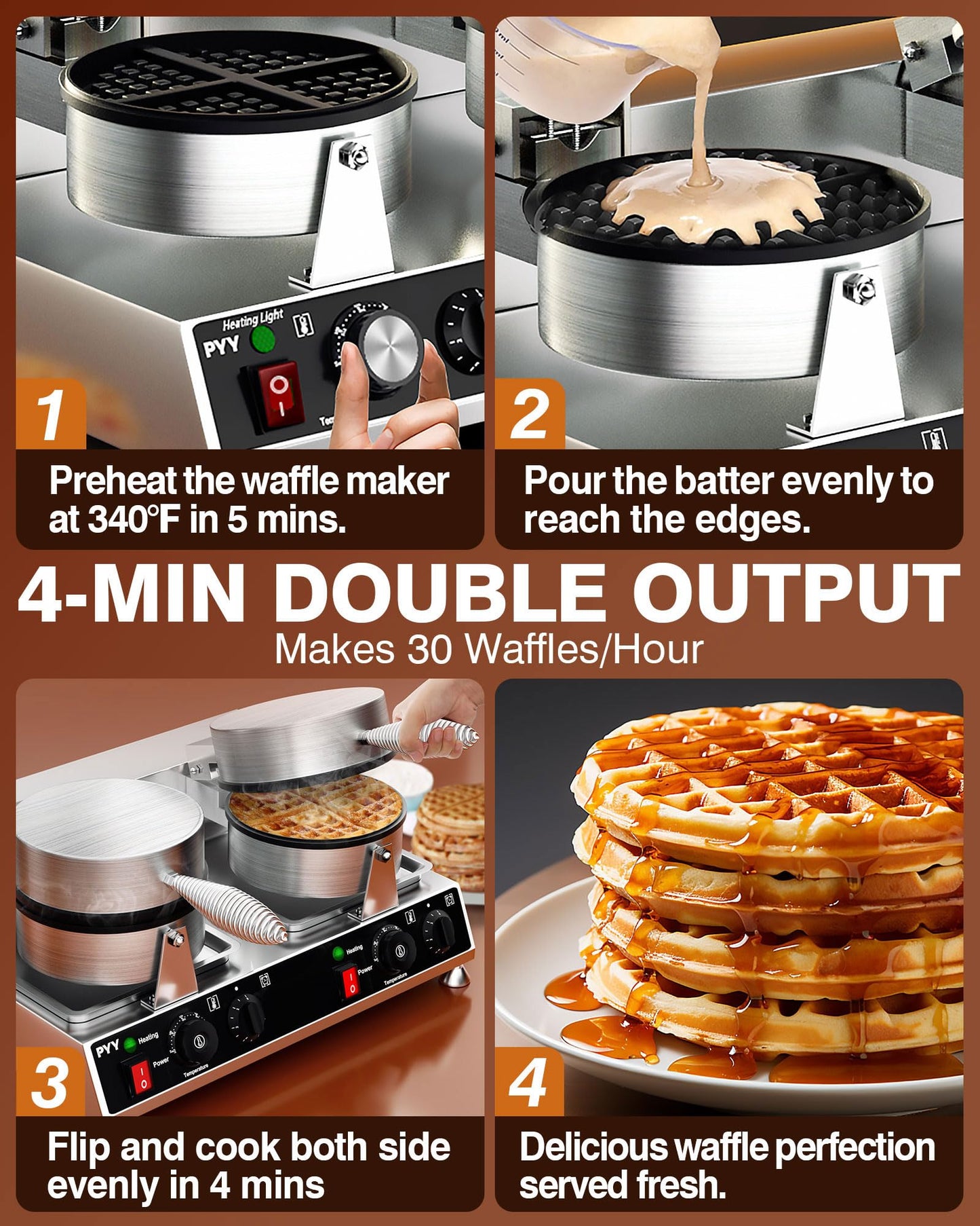PYY Commercial Waffle Maker - Double Waffle Maker 2500W Large Stainless Steel，Silver Non-stick Electric Chaffle Maker for Restaurants, Waffle Houses, and Carnival Events