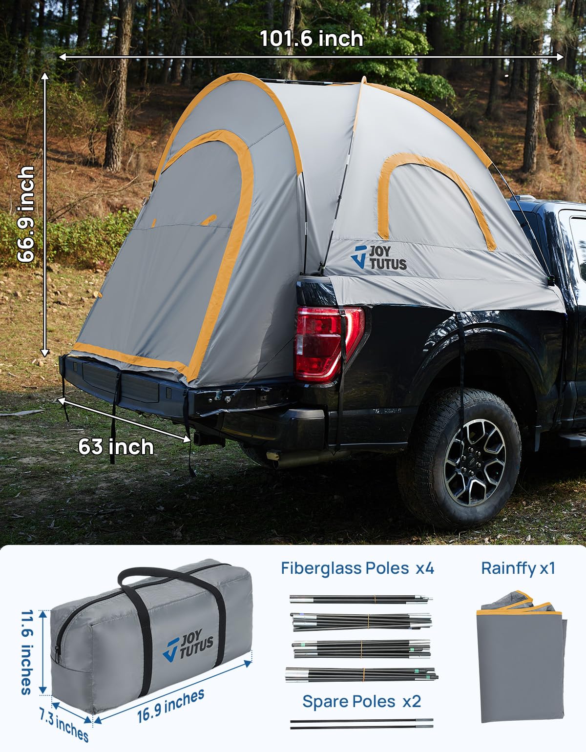 JOYTUTUS Pickup Truck 6.5' 2.0, Waterproof PU2000mm Double Layer for 2 Person, Portable Truck Bed Tent with Rainfly - Orange