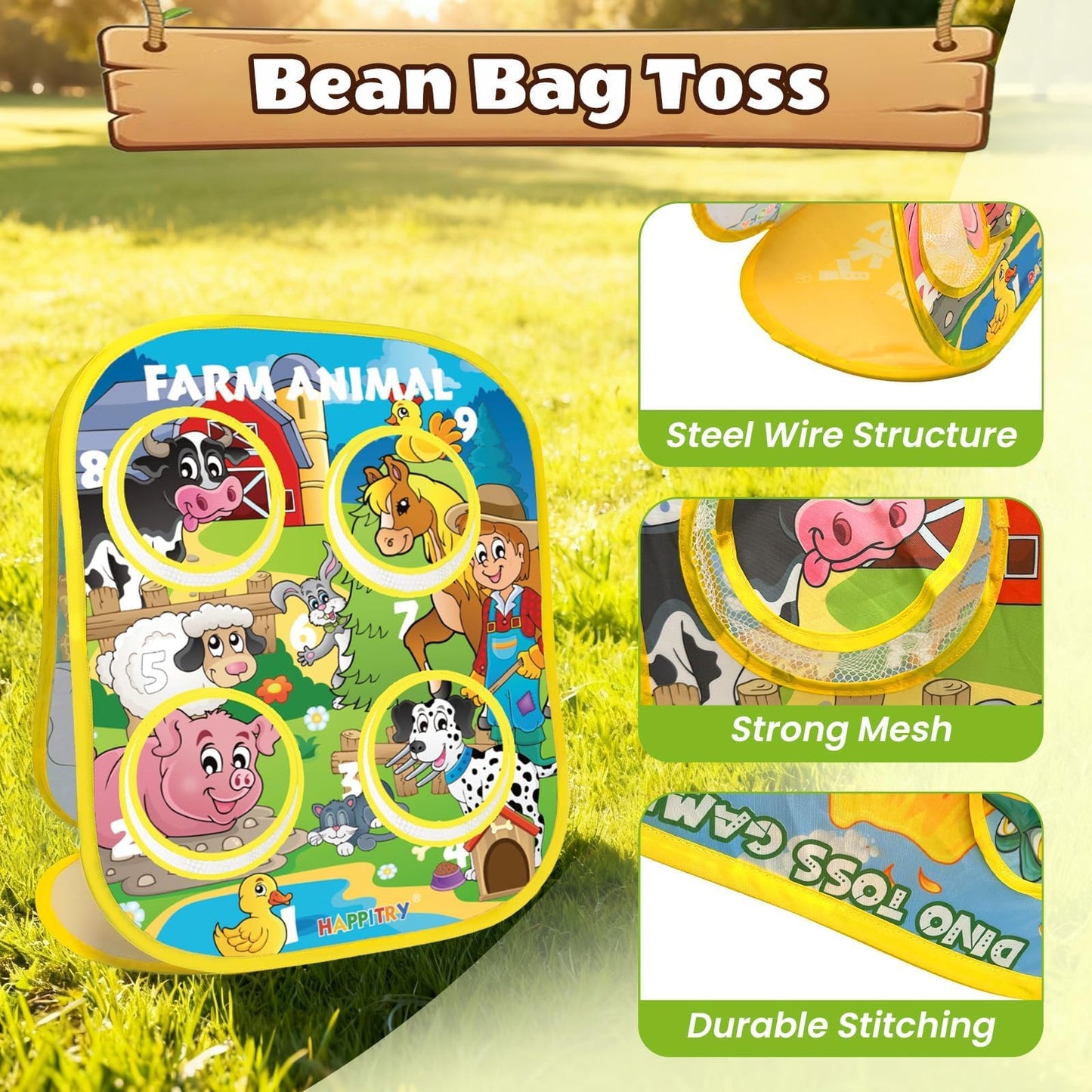 3-in-1 Farm Animal Bean Bag Toss Game for Boy Toddler Ages 3 4 5 Year Old, Cornhole Bags Set for 3-5 Preschool Kid, Outdoor Play Outside Toys in Backyard Lawn, Indoor Family Party Game, Birthday Gifts