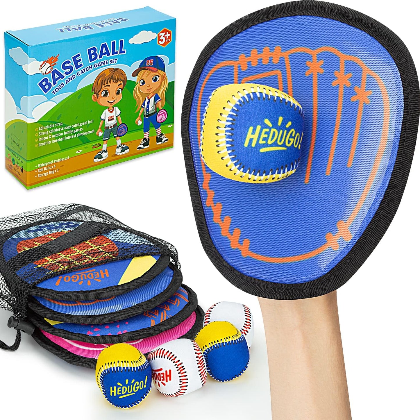 HEDUGO Ball and Catch Game Toss and Catching Ball Set Outdoor Toys for Kids at The Beach, Yard, Lawn Pool or Park Outside Games 4 Paddles 4 Balls Family Games for Kids and Adults Baseball Toys Gifts