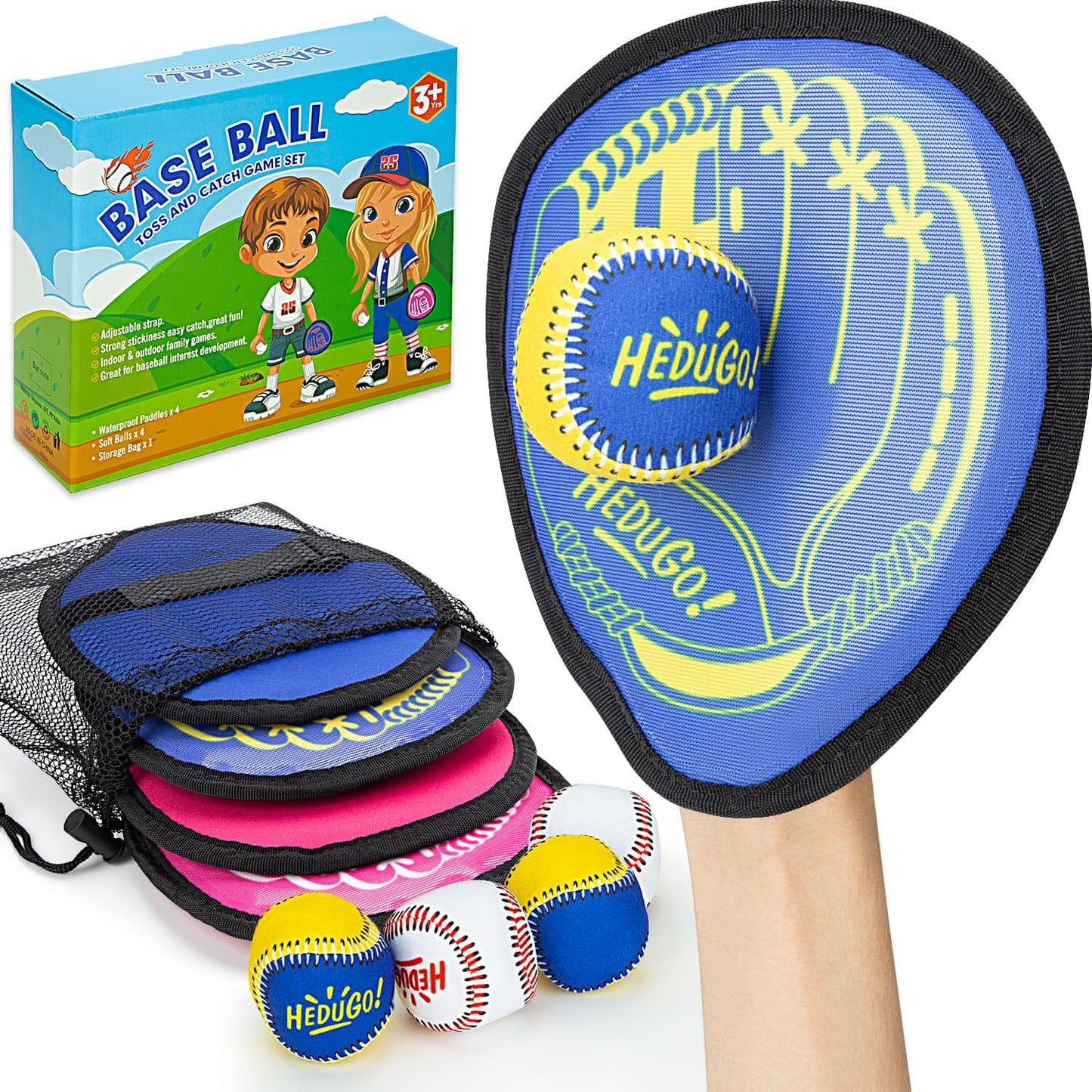 HEDUGO Toss and Catch Game Set Classical Outdoor Toys for Kids at The Beach, Yard, or Park Outside Games 4 Paddles 4 Balls Family Games for Kids and Adults Easter Toys Gifts