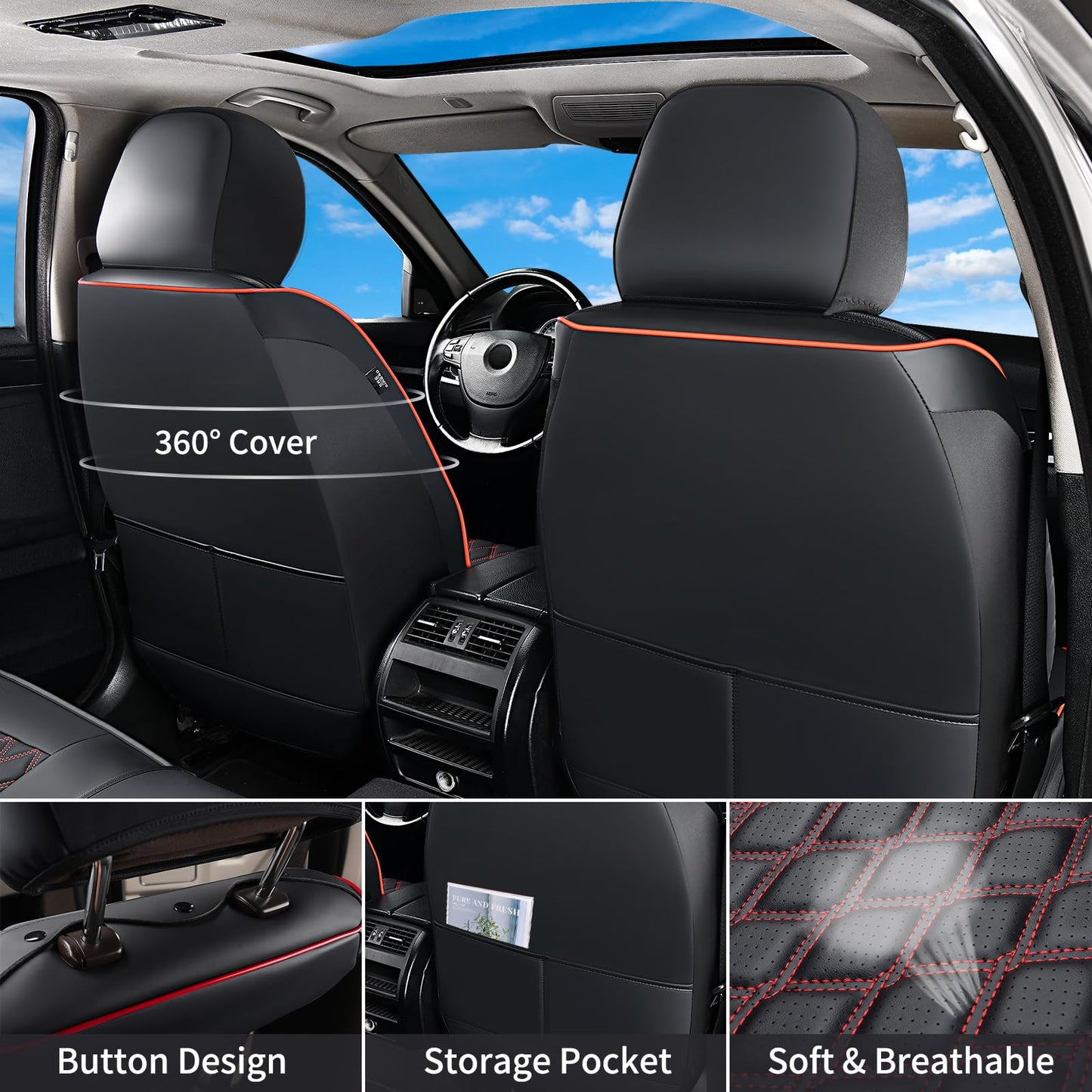 Huidasource Leather Seat Covers Custom Fit for Truck Chevy Silverado GMC Sierra 1500 2007-2013&2019-2025, 2500HD 3500HD 2020-2025 Crew Double Extended Cab Seat Cushion Protector (Full Set/Black&Red)
