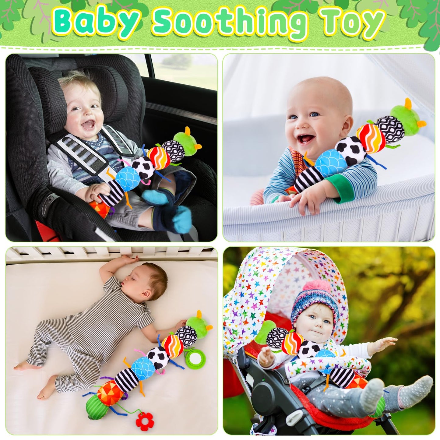 Vpkefla Baby Toys 0-6 6-12 Months, Stuffed Animal Infant Tummy Time Toys Sensory Toys with Crinkle, Rattles, Textures and Mirror Gifts for Newborn Boy Girls Toddlers, Caterpillar Musical Toy (Green)