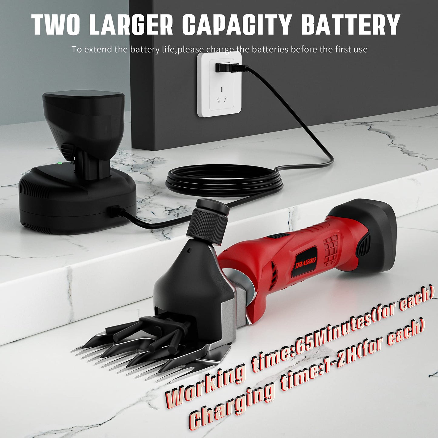 Dragro 500W Cordless Sheep Shears, Professional Electric Sheep Shearing Clippers with 2 PCS Rechargeable 2 Ah Lithium Battery, Heavy Duty Animal Clippers for Alpacas Goats Cattle Farm Livestock Pet