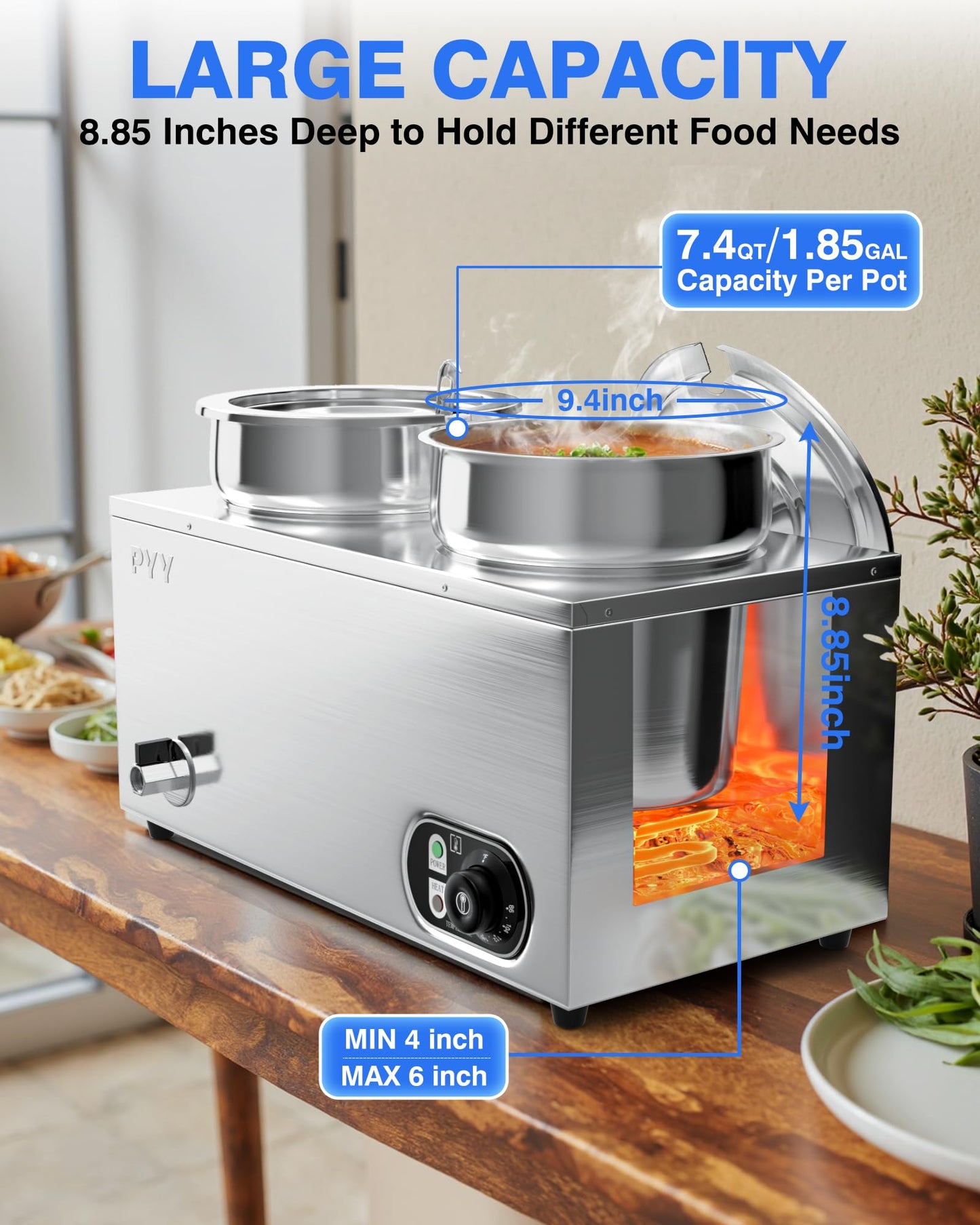 PYY Soup Warmer Commercial - 2x7.4QT Stainless Steel Bain Marie Round Pot 86~185°F Adjustable Temp, Electric Soup Warmer Countertop with Anti-Dry Burn and Reset Button for Restaurant, Buffet 1500W