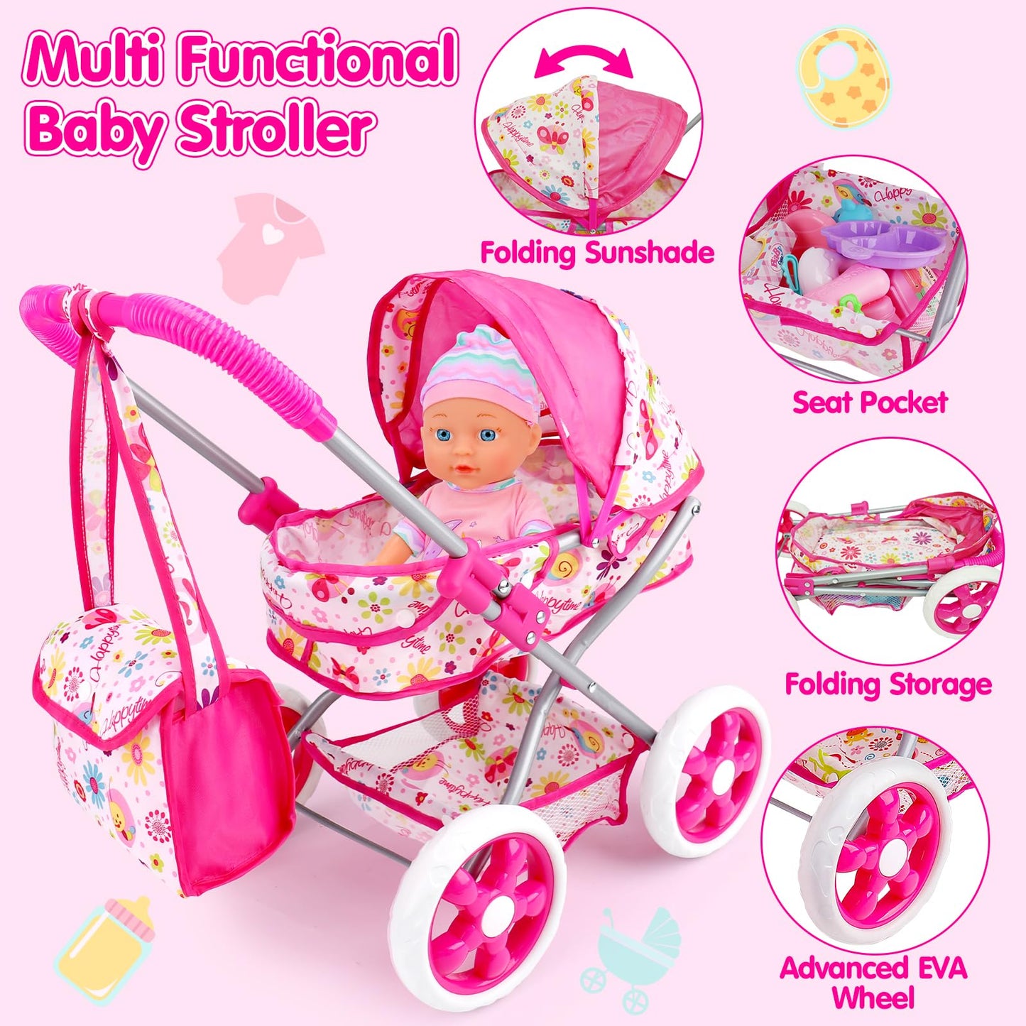 Baby Doll Stroller Set Toys for Girls Toddlers 3-5 4-6 5-7, Baby Doll Playset with 11" Doll, Bathtub and 20PCS Baby Doll Accessories, Baby Stroller Toys for 2 3 4 5 Year Old Girls Birthday Gifts