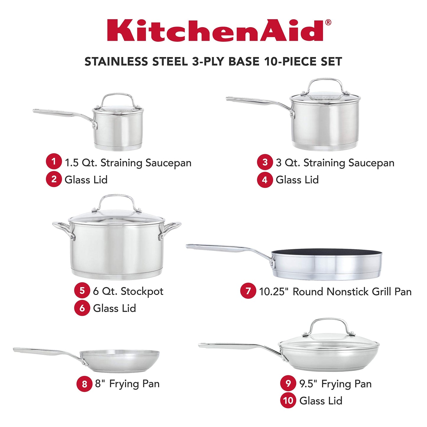 KitchenAid 3-Ply Base Brushed Stainless Steel Induction Pots and Pans Set with Nonstick Round Grill Pan and Lids, Dishwasher Safe, 10 Piece Cookware Set, Brushed Stainless Steel