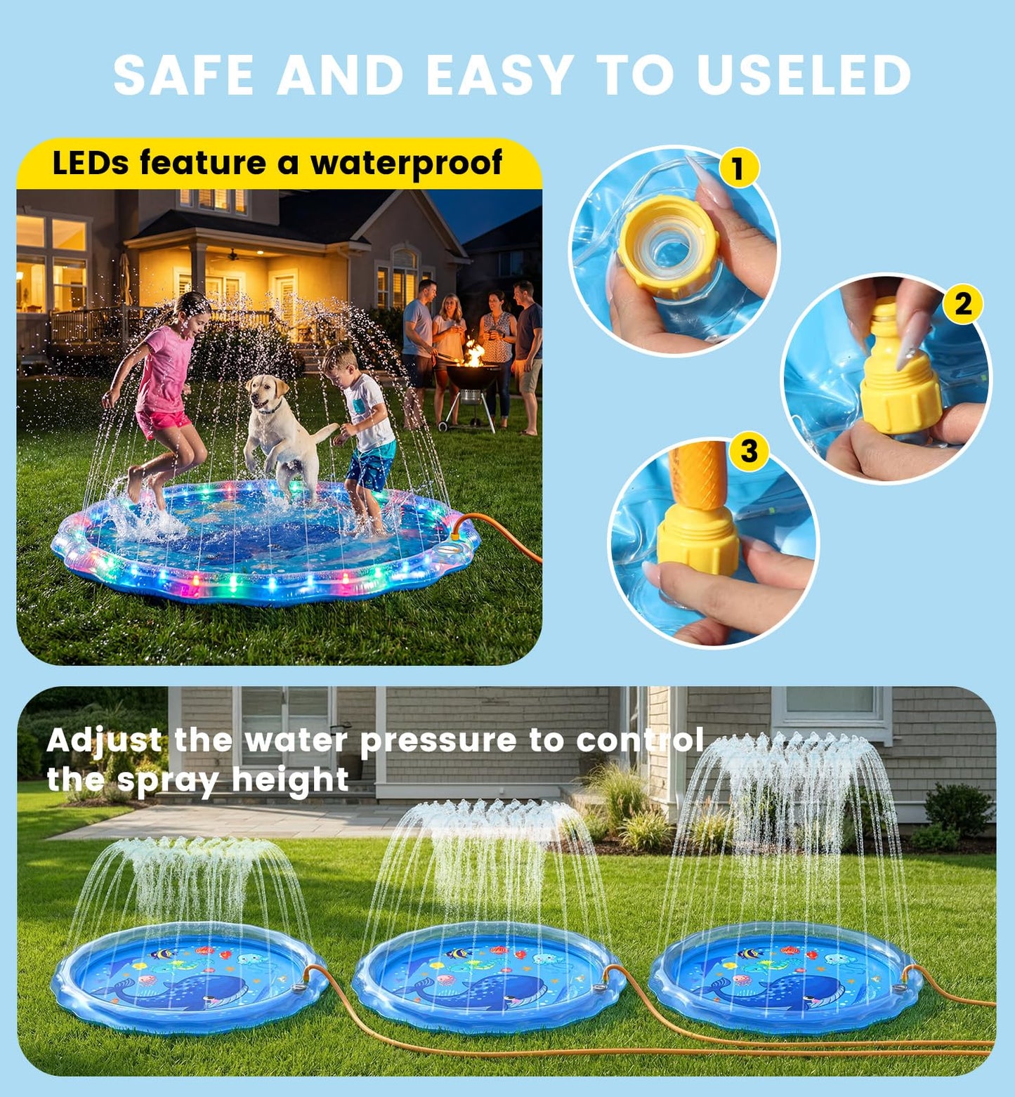 Dsquu LED Glowing Splash Pad Sprinkler for Kids & Dogs, 60" Non-Slip Outdoor Water Toys Toddler Sprinkler Pool Splash Pad/Play Mat,LED Light Boys Girls Yard Sprinkler Pool for Kids