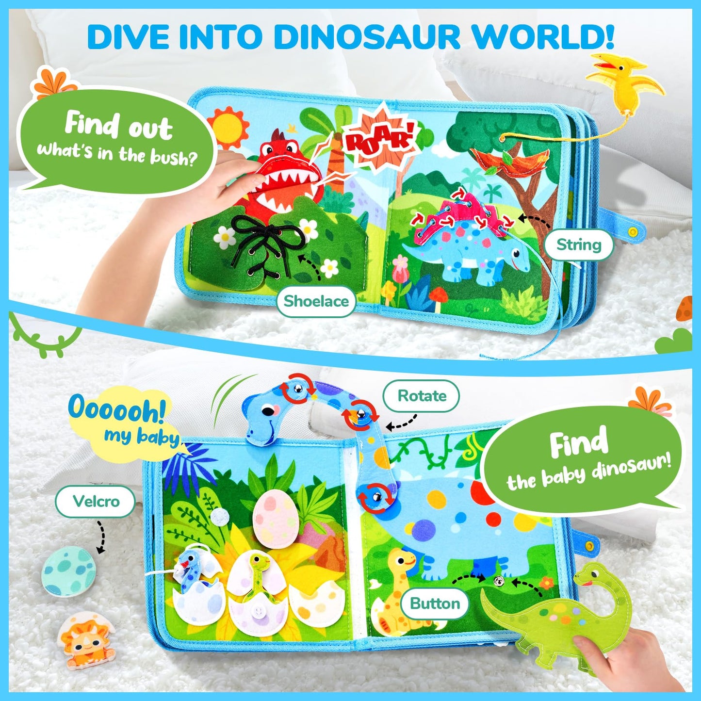 JoyCat Dinosaur Toddler Busy Book, Busy Board for 2 3 4 5 Year Old -Travel Toy Quiet Activity Book, Life Skills & Fun Games - Autism Sensory Toy, Toddler Easter Basket Stuffers Gifts