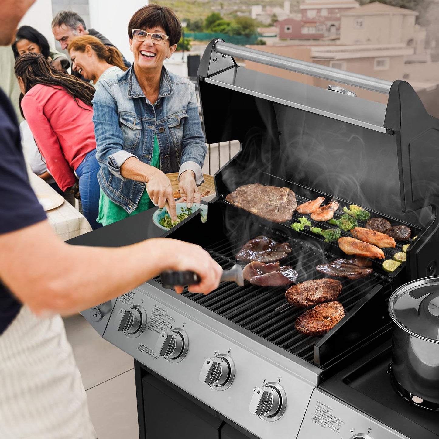 Lyromix 4 Burners Gas Grill with Side Burner, Propane Grill with Wheels and Storage, Outdoor Gas BBQ with Oil Tray and Thermometer for Patio and Party, 49200 BTU