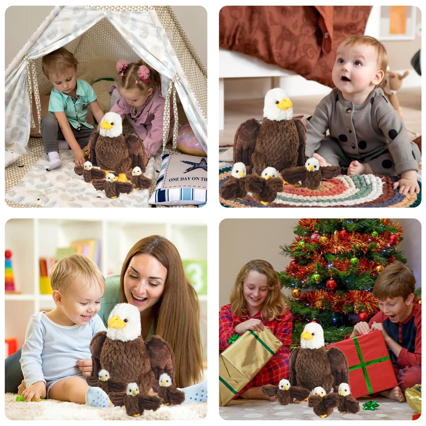 XYHQYB 4 Pcs Bald Eagle Stuffed Animal Plush, Zippered Large Mommy Stuffed Eagle Plush with 3 Baby Bald Eagles Toys, Wild Zoo Animals Gifts for Kids Boys Girls Birthday Easter Stuffers Christmas