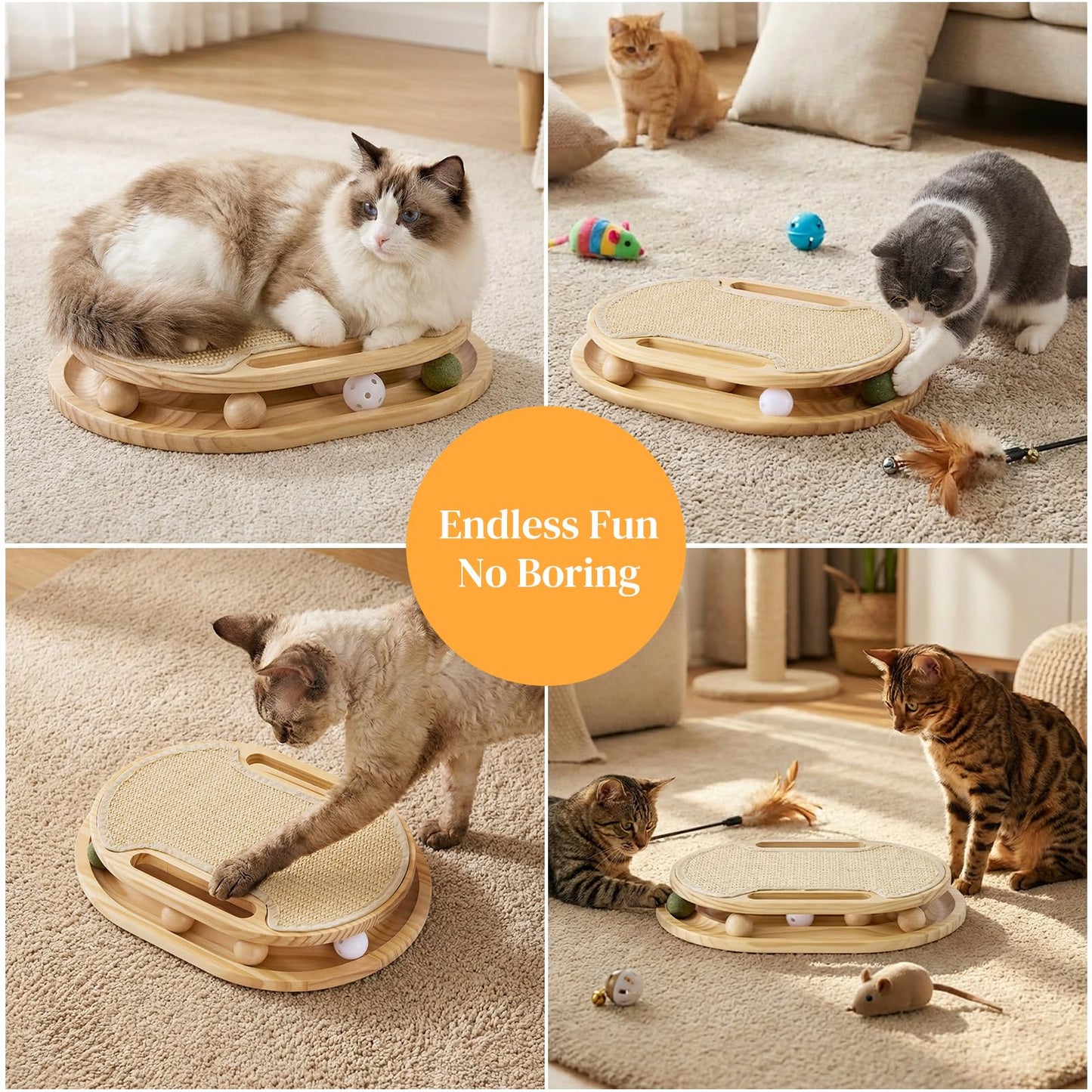 ZOMISIA Cat Scratcher with Ball Track Toy, Sisal Scratch Pad for Indoor Adult Cats, Wooden Interactive Cat Puzzle Toys for Kitten Mental Stimulation Self Play Home Enrichment