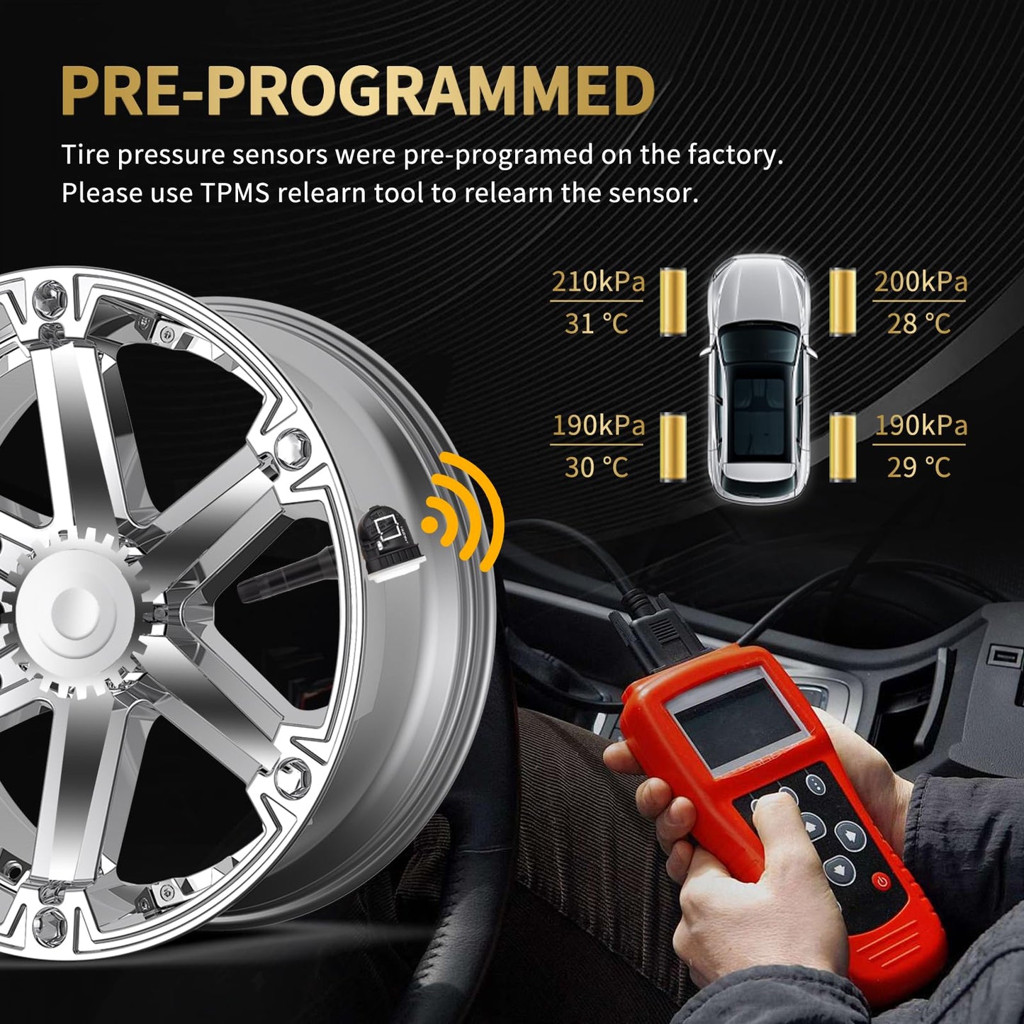 AXINMOTOO TPMS Sensor, 4PCS 315MHz Tire Pressure Monitoring Sensor Replacement for Chevy Camaro Suburban Impala, for GMC Acadia Yukon, for Buick Allure, for Pontiac G3 G5, 13598771 13598772