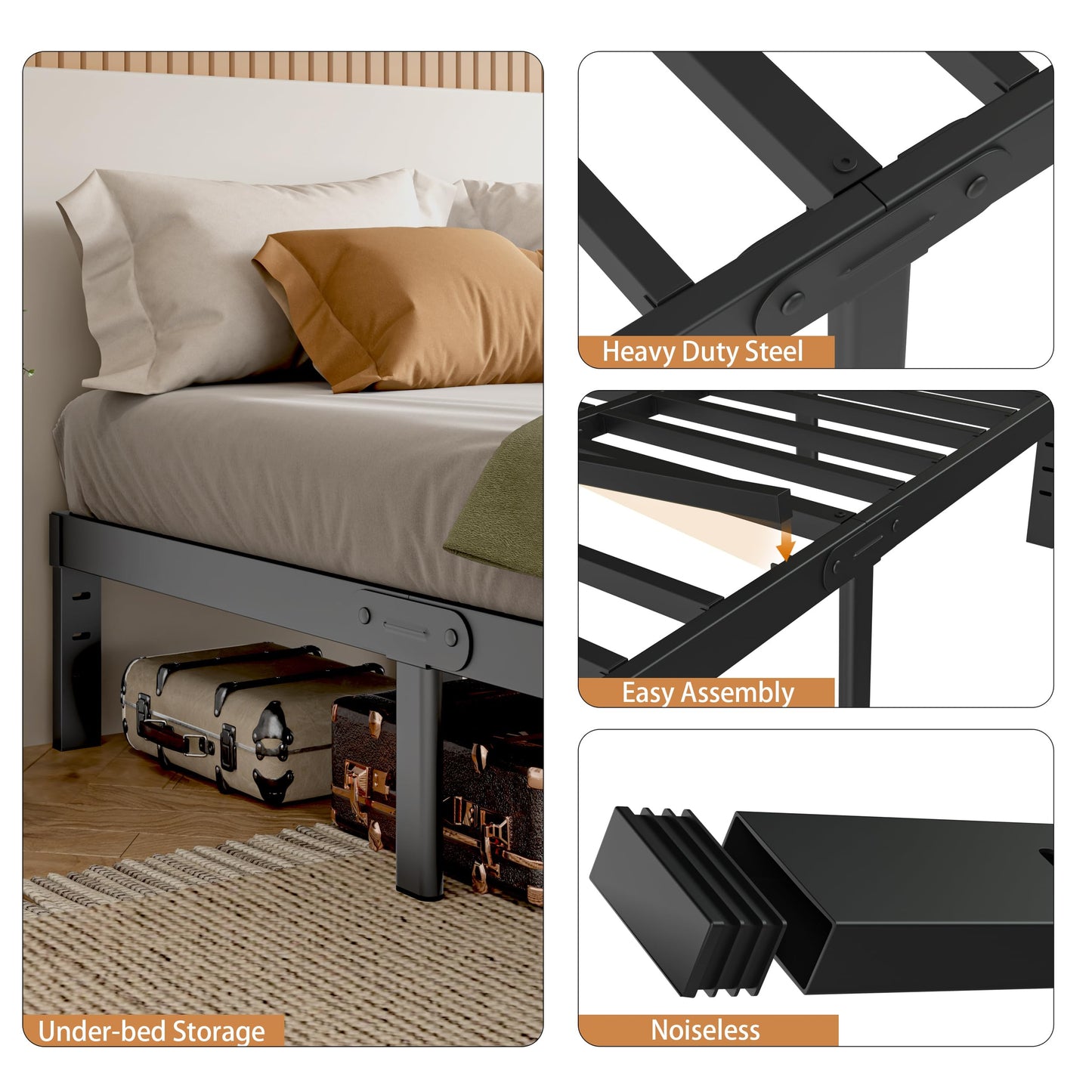KZZLOL Black King Size Bed Frame 12 Inch, Metal King Bed Frame No Box Spring Needed, DIY Headboard Holes, Heavy Duty Steel Support 3500 LBS, Noiseless, Round Corner Leg, Storage Space, Easy Assembly