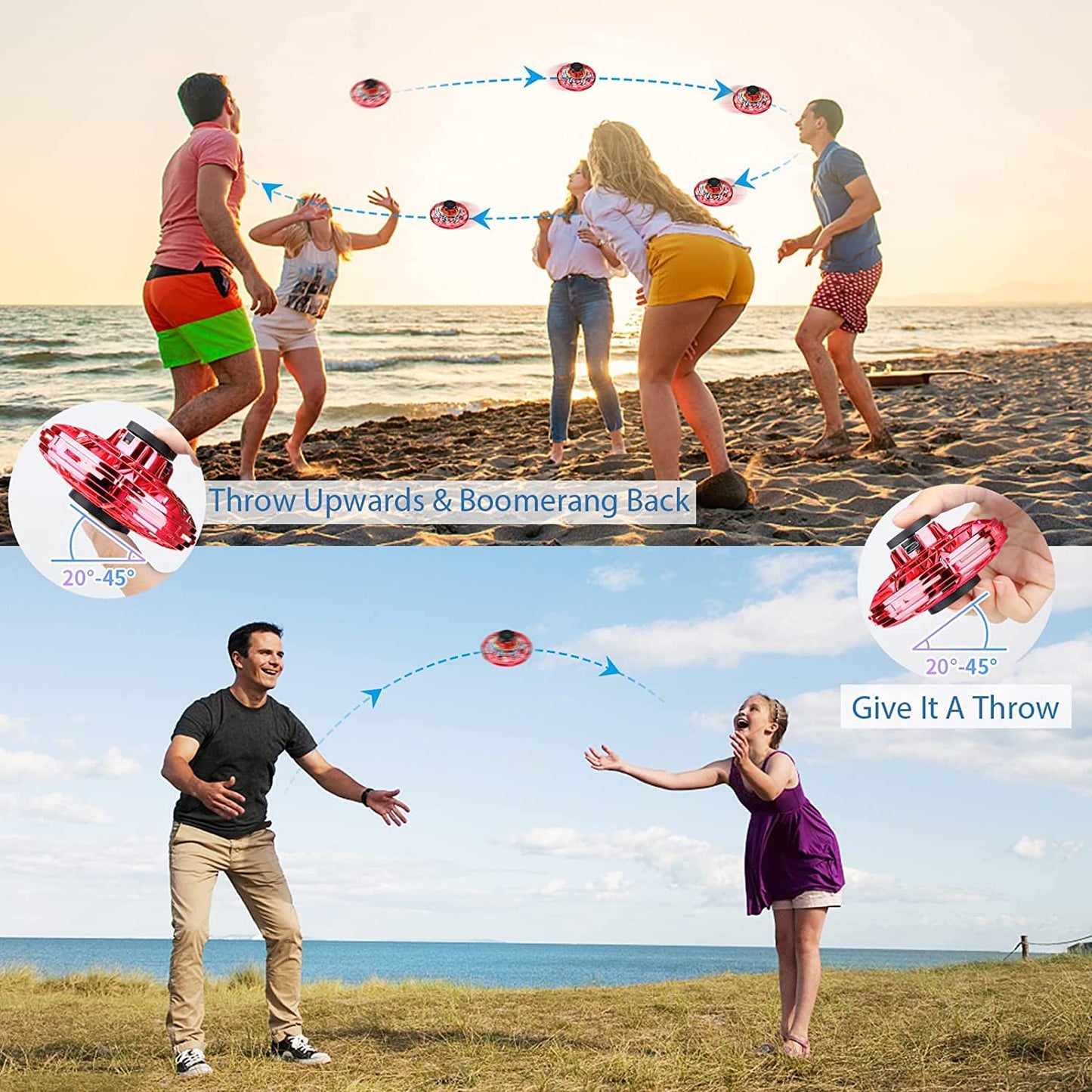 Flying Spinner Mini UFO Drone, Ifly Spinner Fly UFO Flying Fidget Spinner, iFly Hand Controlled Boomerang Drone Cool Toys Gifts for 8 9 10+ Year Old Boys Girls Teens Indoor Outdoor Toys (Red)