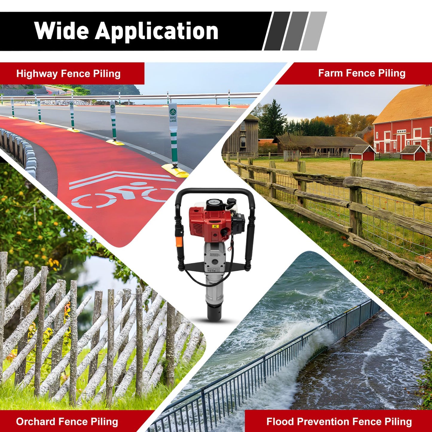 POIOKLJRE Post Driver, 52cc Gas Powered T Post Driver, 1900W Fence Post Driver, Shock Absorption and Safety Lock Heavy-Duty Gasoline Post Driver, Quick Pile Installation, Suitable for Professional Use