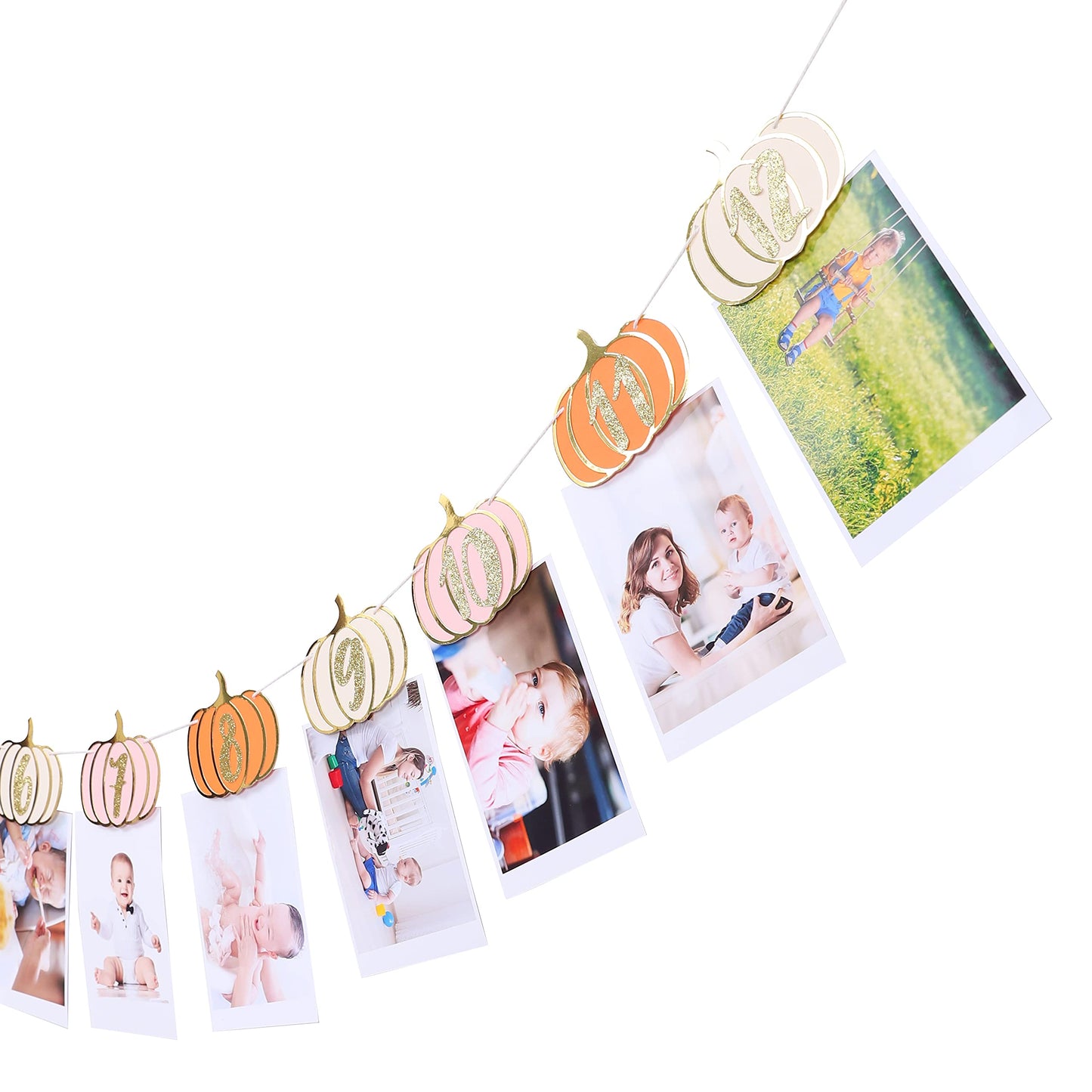 Pumpkin 1st Birthday Monthly Photo Banner for Baby Girls - Newborn to 12 Month Milestone, Pink Orange and Gold - First Birthday Decorations for Girl