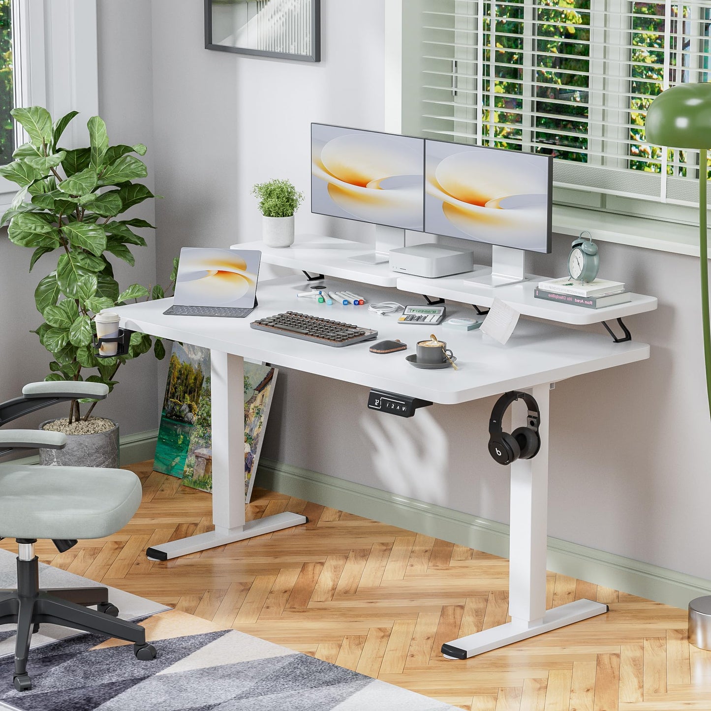 Shahoo Electric Standing Desk with Monitor Shelf, 55 x 24 Inches Height Adjustable Corner Table, Computer Workstation with Cup Holder and Hook for Home Office, White, 55x24 Inch