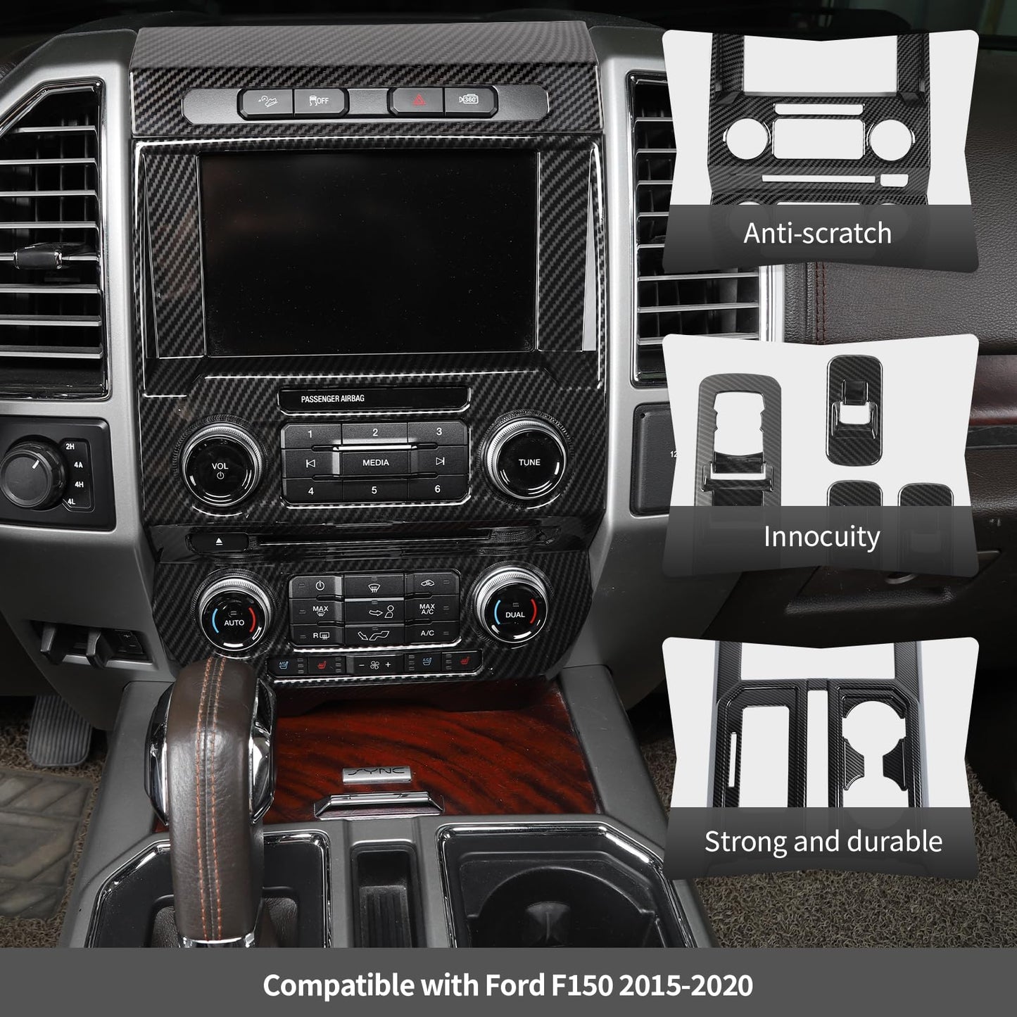 CheroCar 25PCS Carbon Fiber Interior Decoration Trim Kit Fit for 2015-2020 Ford F150 Central Control GPS Navigation & Window Lift & Dashboard & Emergency Light Switch Cover Panel Interior Decoration