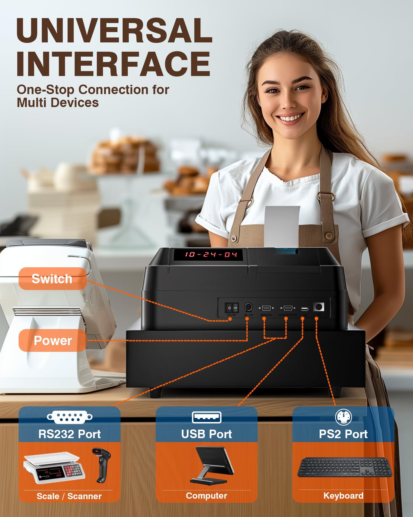 PYY Cash Register for Small Businesses - Electronic Commercial Caja Registradora para Negocio with Locked Cash Drawer Box, 8 Digital Dual Display, 48 Keys, Restaurant Supermarket Retail System