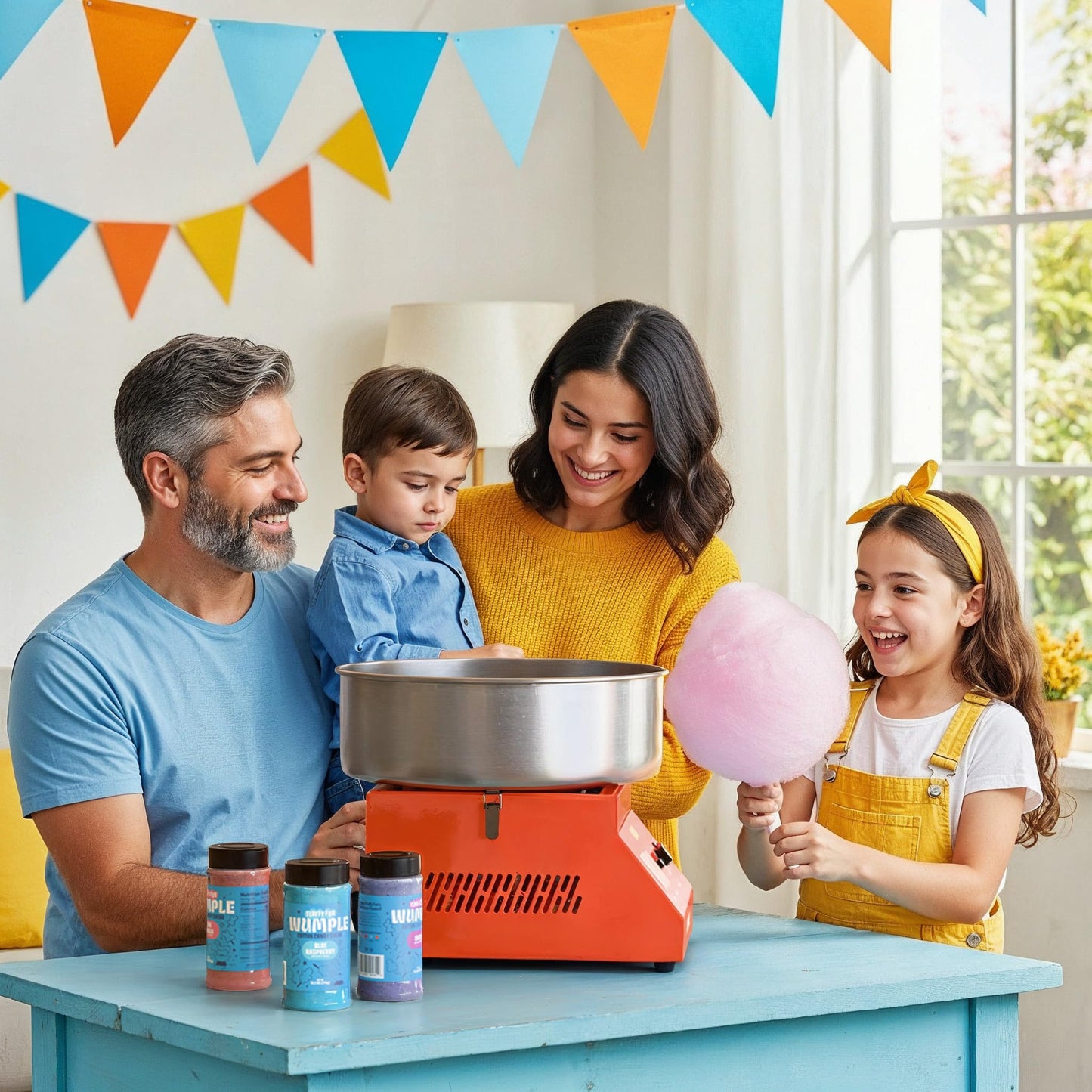 Wumple - Cotton Candy Machine Pro Bundle, Includes 3 Flavored Sugars & 70 Cones, Electric Machine with Large Stainless Steel Bowl for Parties & Business (Orange)