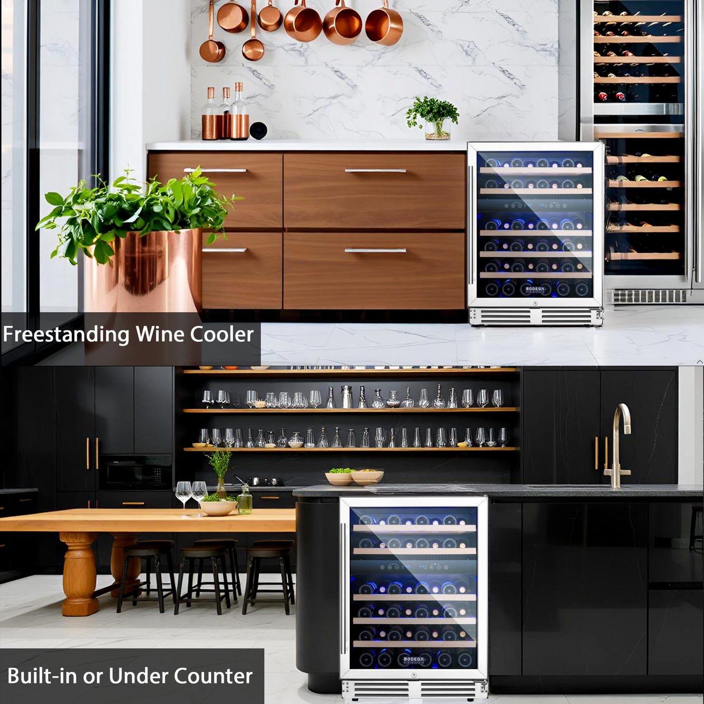 BODEGA 24 Inch Dual Zone Wine Fridge, 46 Bottle, Black 24” Wine Cooler Under Counter For Home and Kitchen, With Double-Layer Glass Door, Wine Refrigerators Free standing with Temperature Control.