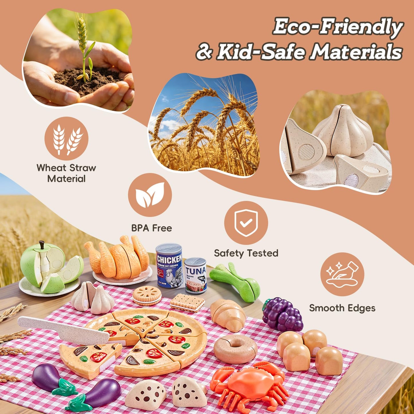 LAUGIGLE 86Pc Wheat Straw Play Food for Kids Kitchen-Toy Food with 2 Baskets & Picnic Blanket, Realistic Cutting Pizza, Grocery Cans, Pretend Play Kitchen Accessories & Toddler Toys for Boys Girls 3+