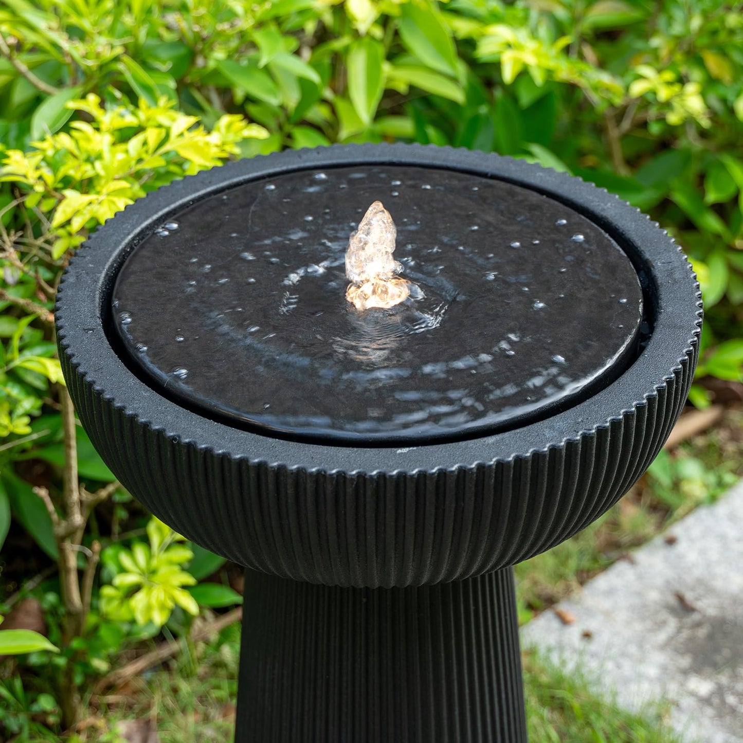 Puulye 23.23" H Outdoor Water Fountain Made with Eco-Friendly Recyclable Materials, Polyethylene Bird Bath Bubbler Water Fountain Outdoor, Garden Decor with LED Light & Pump for Patio (Black)