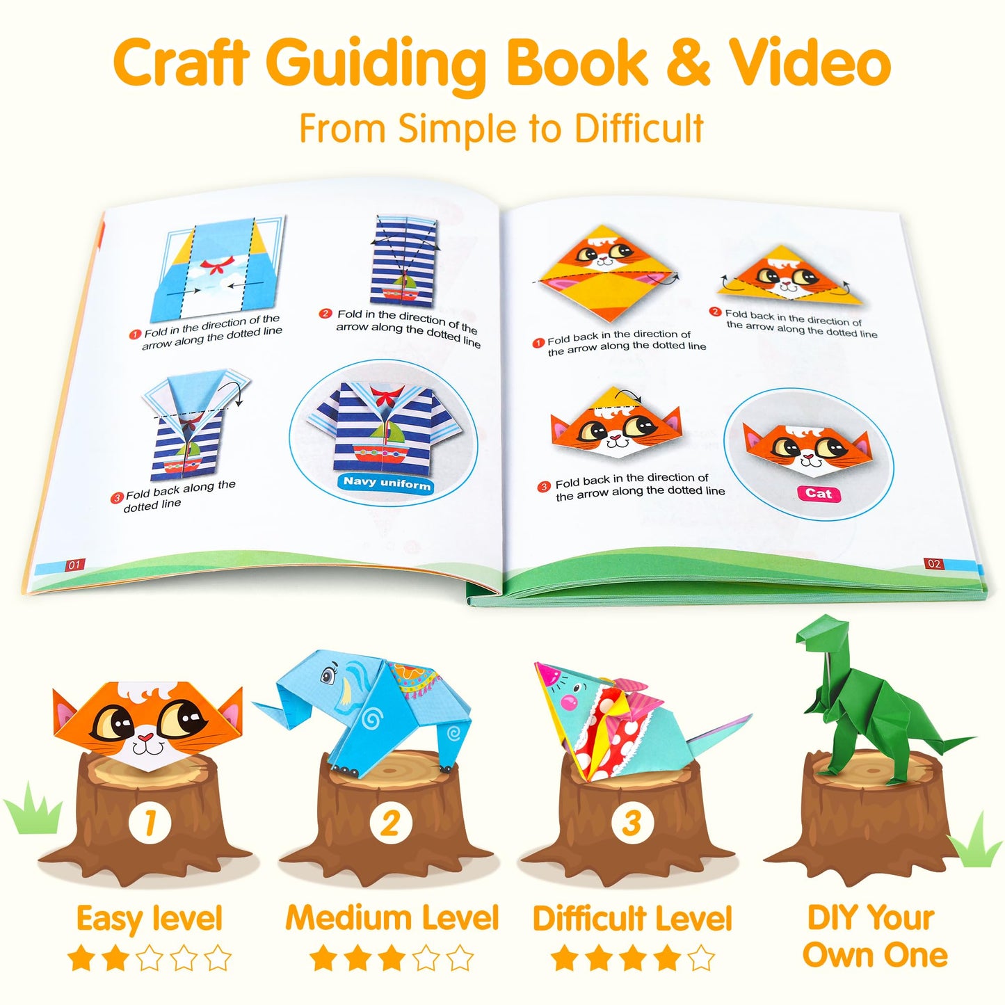 Mocoosy 224 Sheets Origami Paper Kit for Kids Ages 5-8 8-12, Folding Paper Set with Origami Book for Beginners, Art Craft Supplies for Boys Girls 9-12, Travel Game Car Road Trip Activities Toy Gifts