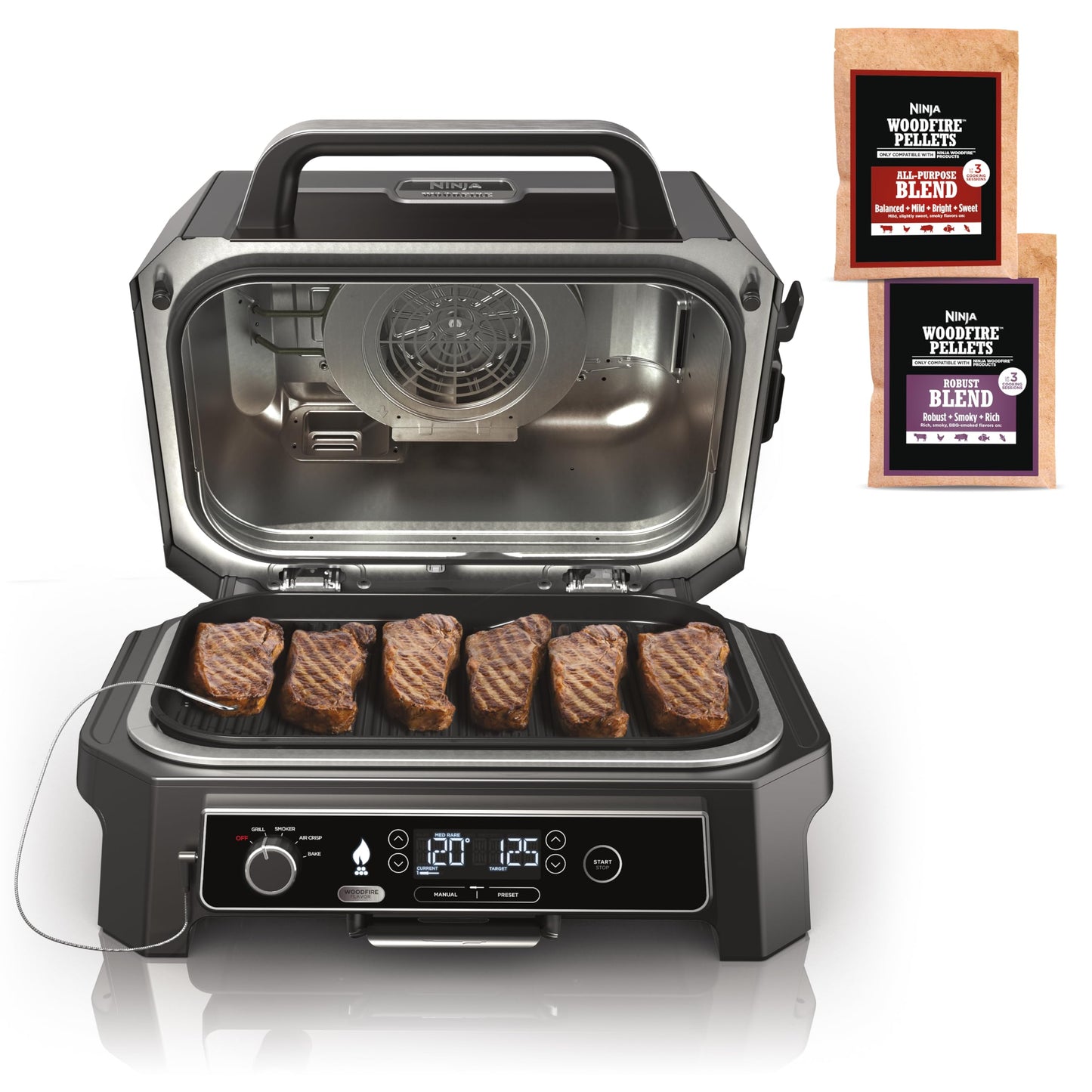 Ninja | Grill & Smoker | Outdoor Woodfire Pro XL | 4 in 1 Grill, BBQ Smoker, Air Fryer & Bake | Portable | Includes Built in Thermometer & 2 Woodfire Pellet Packs | Dark Grey | OG850