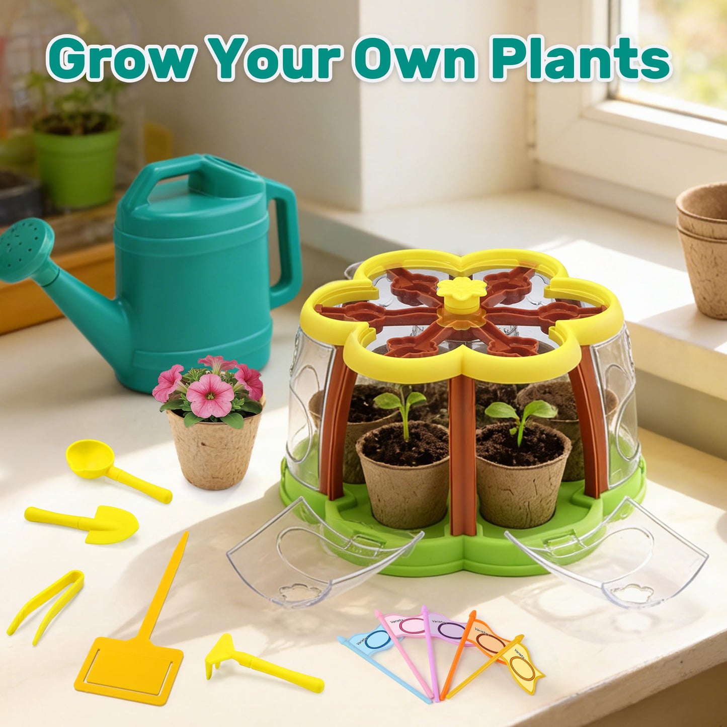 CUTE STONE Kids Gardening Set, Plant Growing Kit with Wheelbarrow, 3 Metal Garden Tools & Kids Grow House with Upgraded Irrigation, Outdoor Indoor STEM Toys for Toddlers 3+
