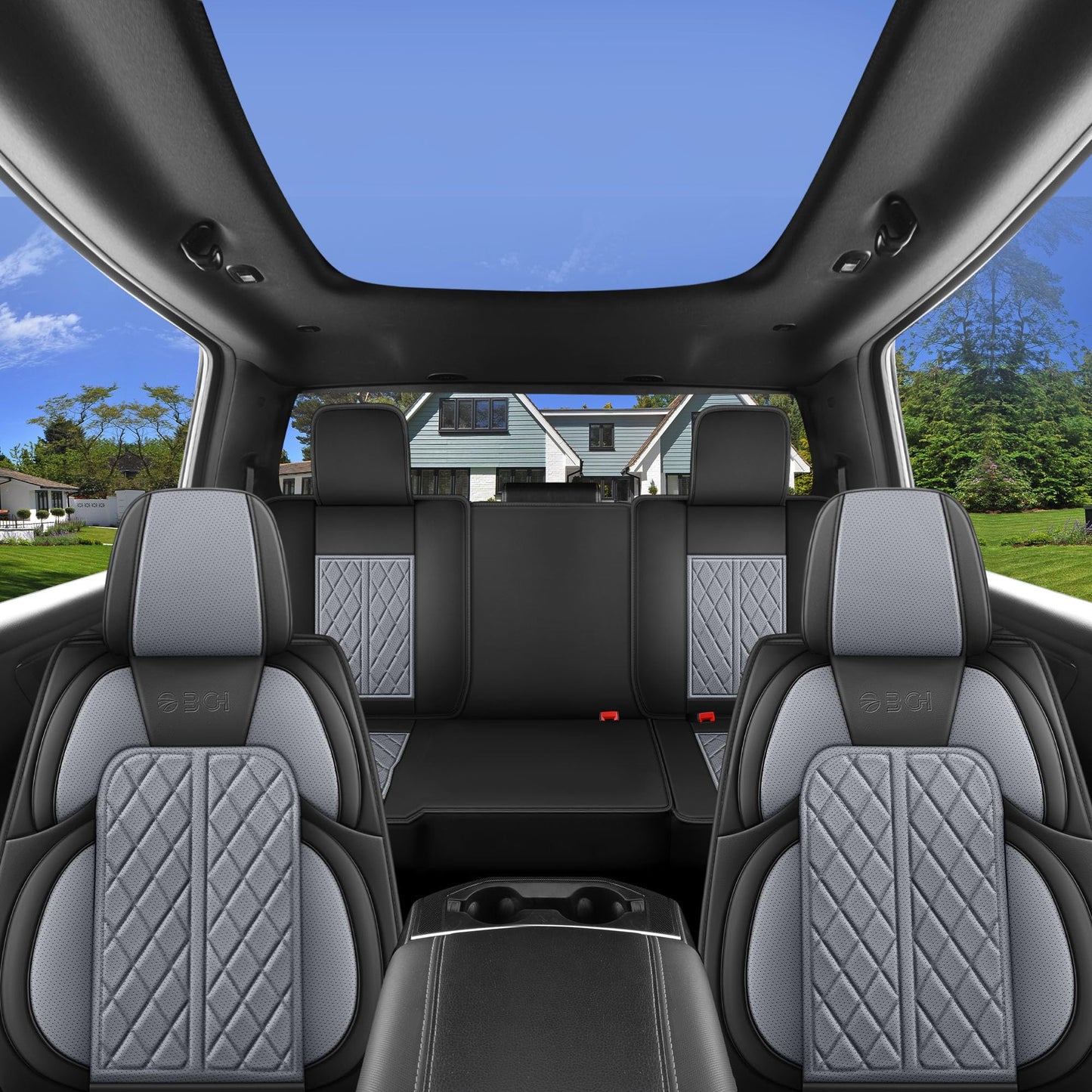 DuDuWang Car Seat Cover Custom Fit for Dodge Ram 1500 2500 3500 2002-2026 Faux Leather Seat Cover Set Compatible with Crew Quad Regular Cab Pickup Truck Cushions (Black & Grey, Full Set, Curved Rear)
