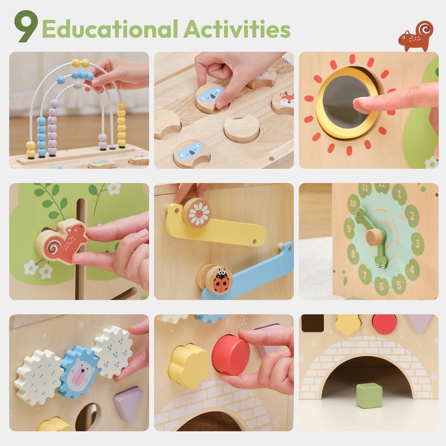 KizKnows Wooden Activity Cube 9-in-1 Montessori Busy Board Toy | Educational Sorting Play Center for 1+ Year Old Toddlers | First Birthday for Boys Girls