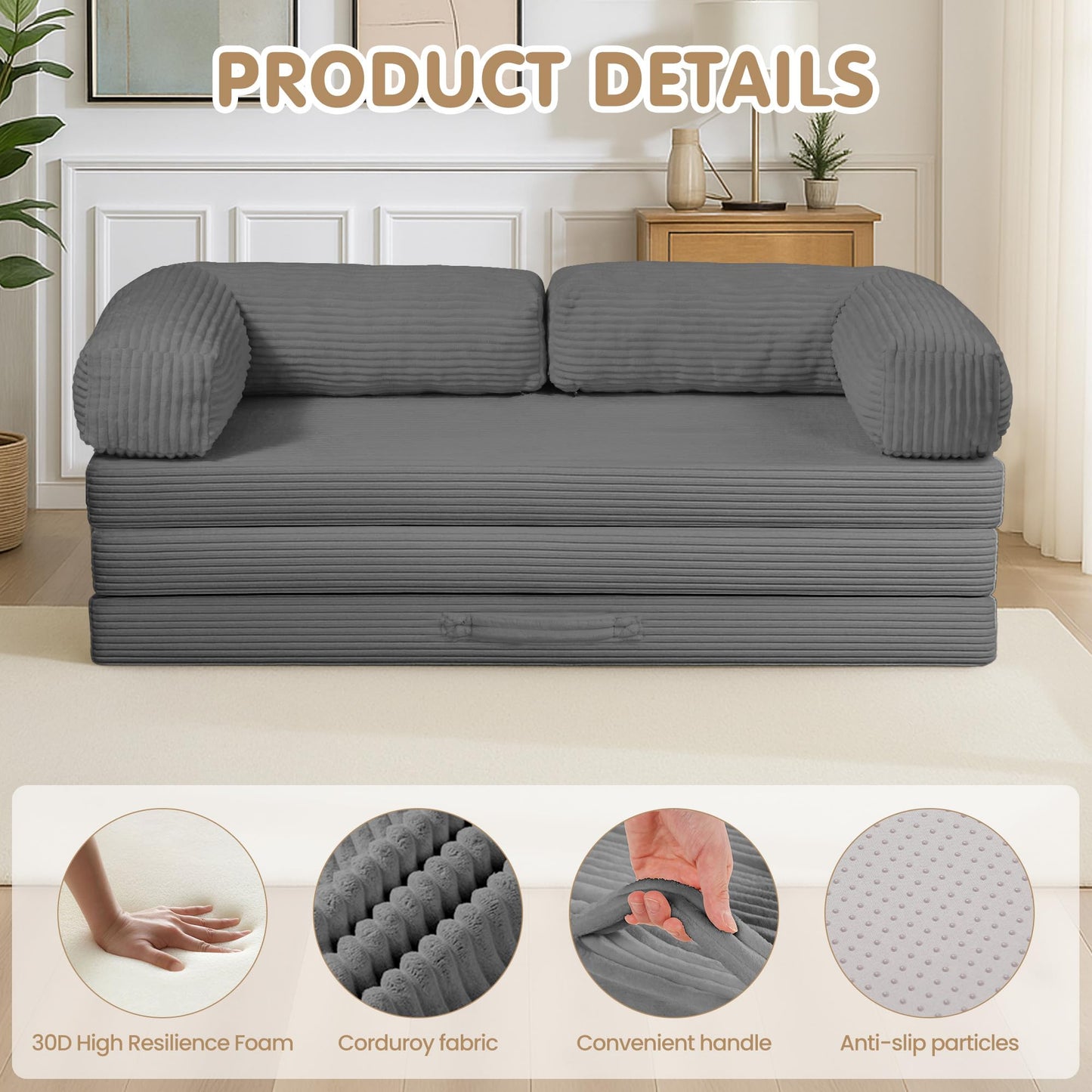 5-in-1 Convertible Sofa Bed,60" Boneless Couch Tri Folding Floor Mattress with Removable L-Shaped Armrests & Handle,Corduroy Futon Couch Sleeper with Pull Out Bed for Living Room Bedroom Apartment
