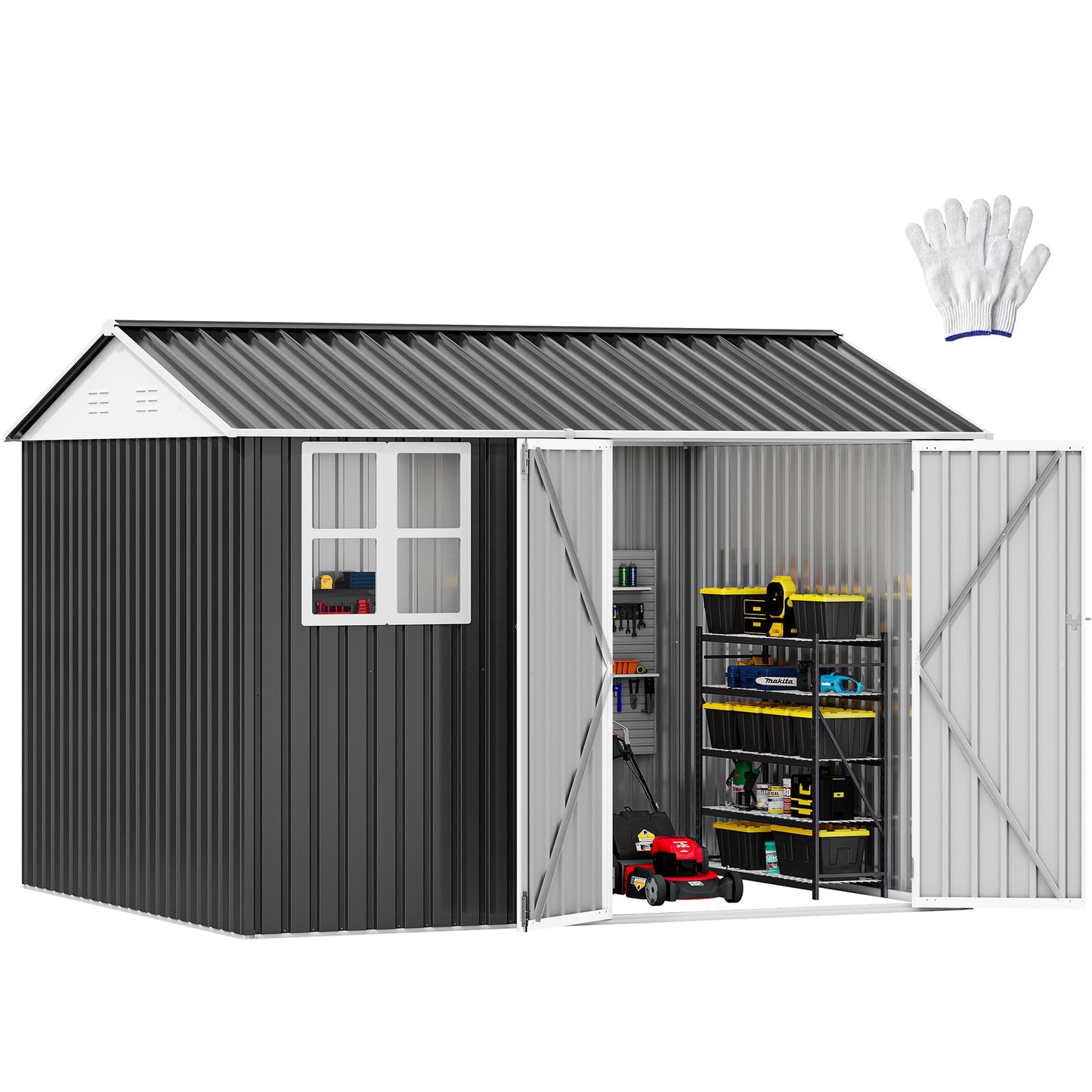 DWVO 10x8ft Large Tool Storage Shed with Window, Lockable Doors, and Sloped Roof, Oversized Steel Outdoor Storage Shed for Garden, Patio, Garage, Backyard, Lawn - Dark Gray