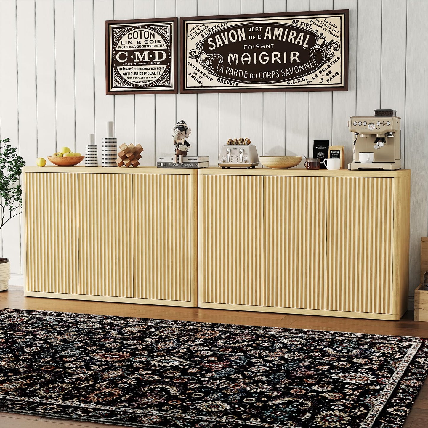 46.7 in Sideboard Buffet Cabinet with Storage, Wooden Fluted Storage Cabinet Sideboard with Adjustable Shelves and 3 Doors, Wood Accent Credenza Coffee Bar Table for Kitchen Living Room- Natural