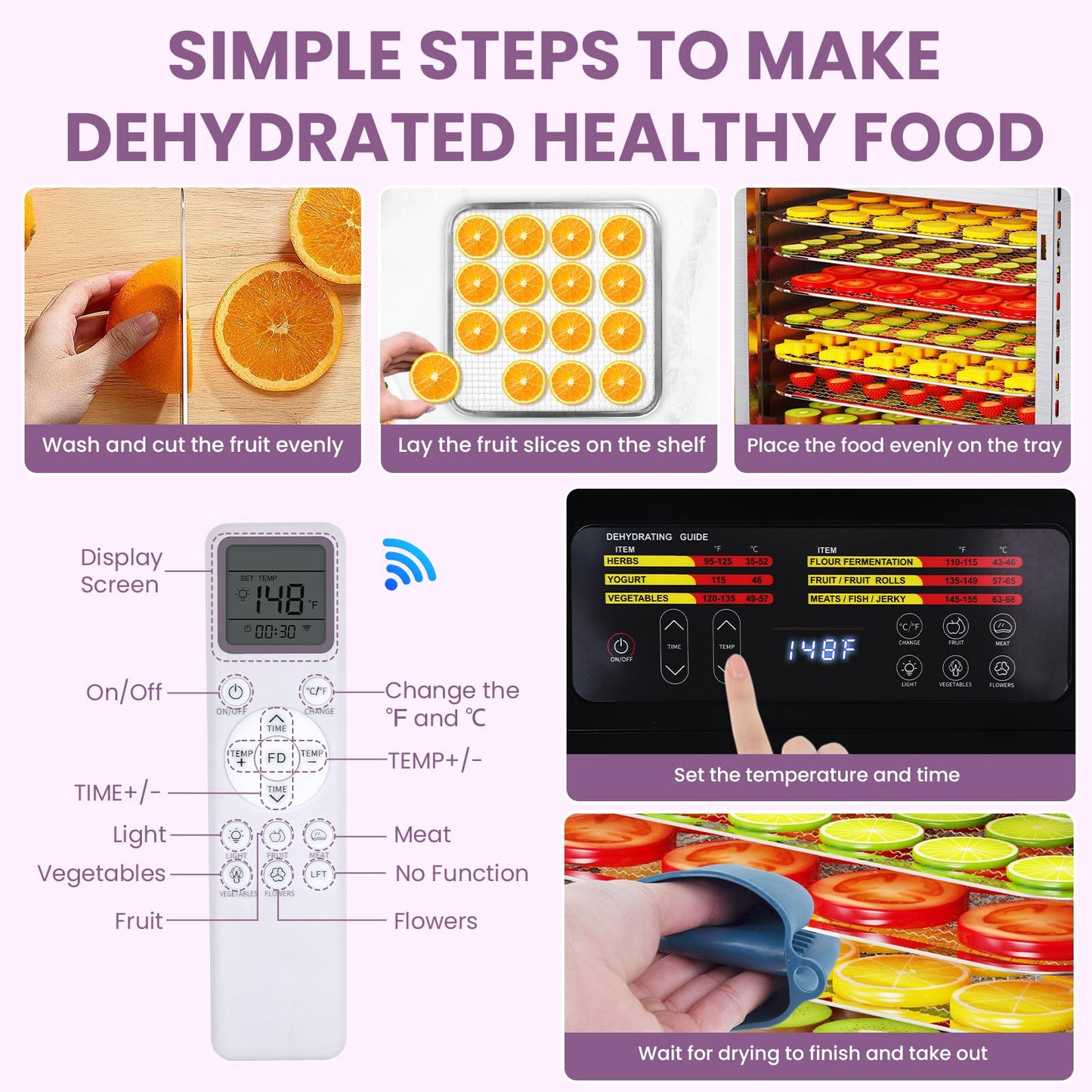 Food Dehydrator for Jerky, 9 Stainless Steel Large Trays, 800W Fruit Dehydrator with Remote Control, 24H Timer and 194°F Temperature Control, Food Dryer for Jerky, Herbs, Fruit, Dog Treats