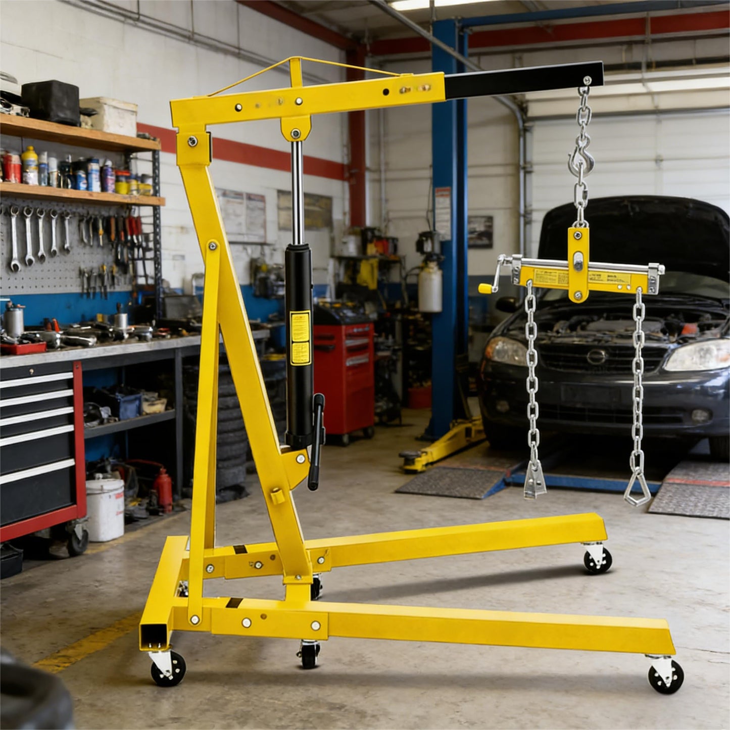 GlowSol 2 Ton Hydraulic Engine Hoist with Lever Stabilizer, Cherry Picker Engine Hoist, 4400LBS Heavy Duty Garage Crane with 6 Swivel Casters & Adjustable Telescopic Boom, for Auto Repair & Workshop