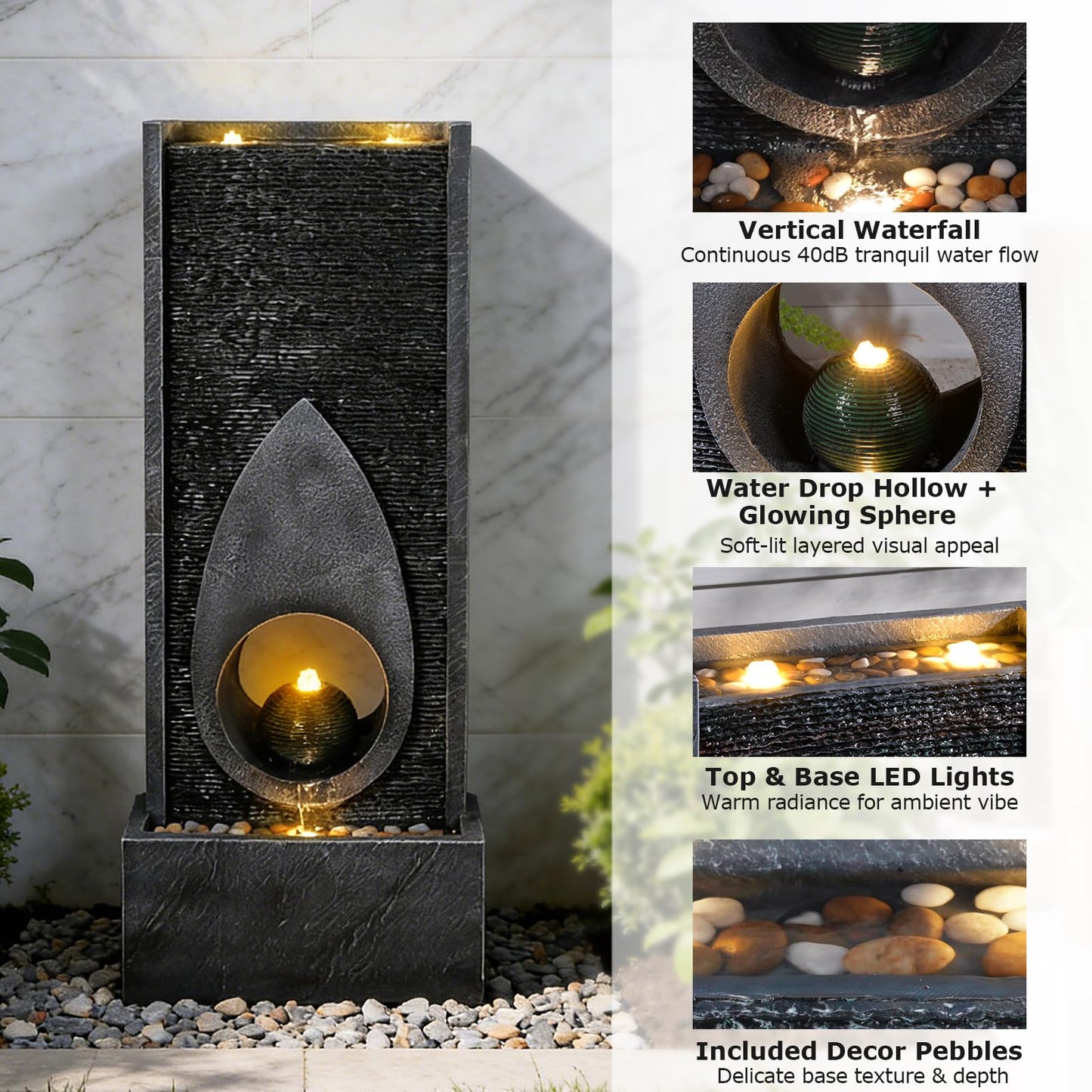 Pivotify 46.5’’Tall Modern Water Fountain Indoor Outdoor Waterfall Feature Floor Standing with Sphere and LED Lights for Garden, Yard, Patio, Deck, Porch, Livingroom Decor