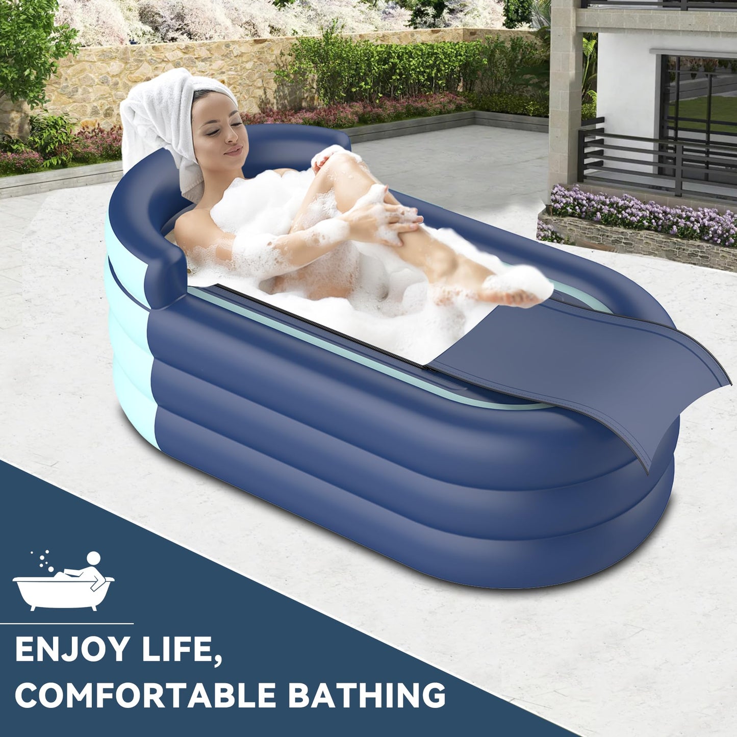 Inflatable Bathtub & Bubble Spa Mat- Portable Hot Tub for Adults, Equipped with a Bubble Math Mat for Massage, Fits Any Bathroom, Foldable Design for Renters/Apartments (65"x33"x26" 220lb)